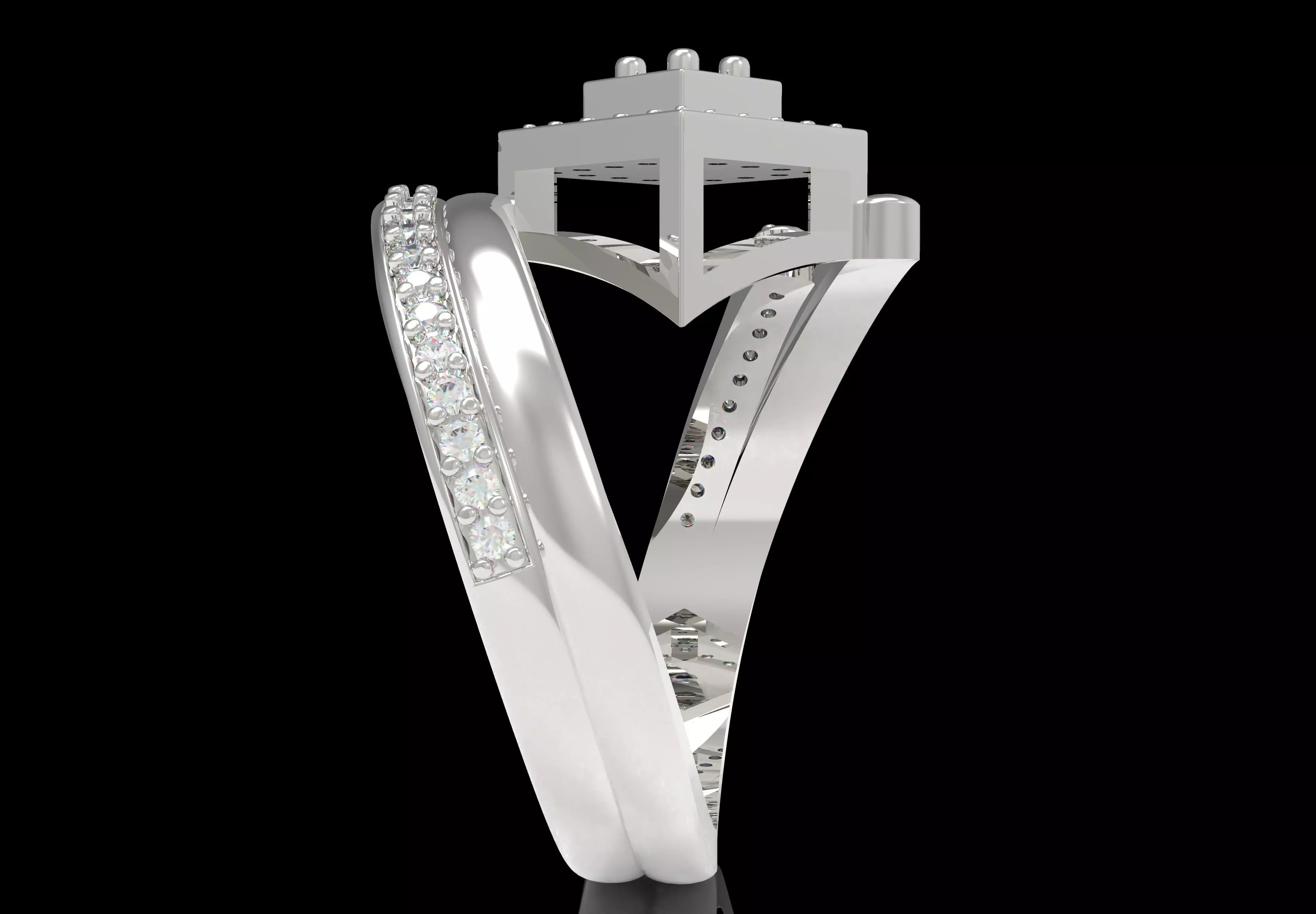 Round Diamond Square Shape Halo Double Bypass Ring 3D print model_23
