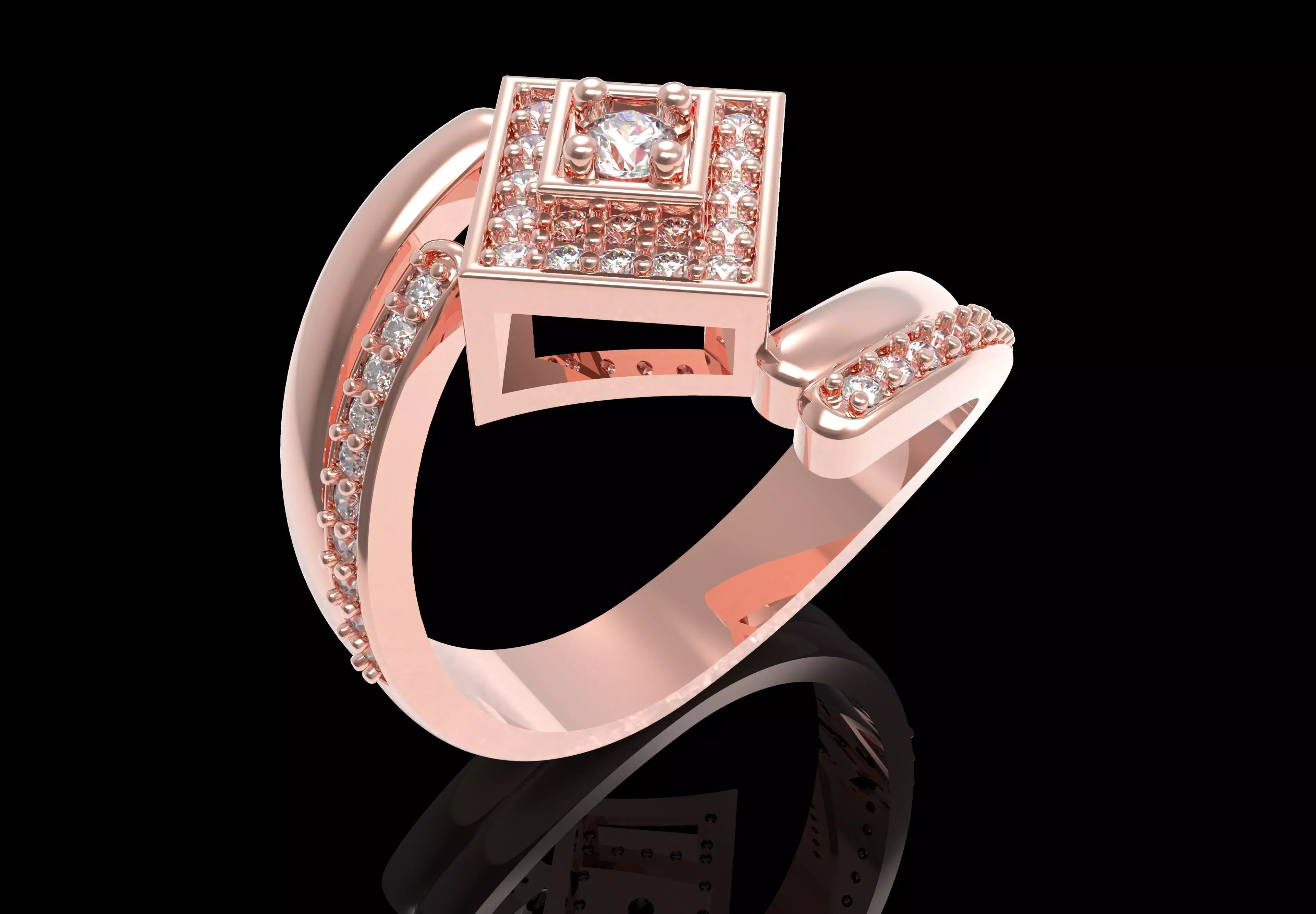Round Diamond Square Shape Halo Double Bypass Ring 3D print model_8