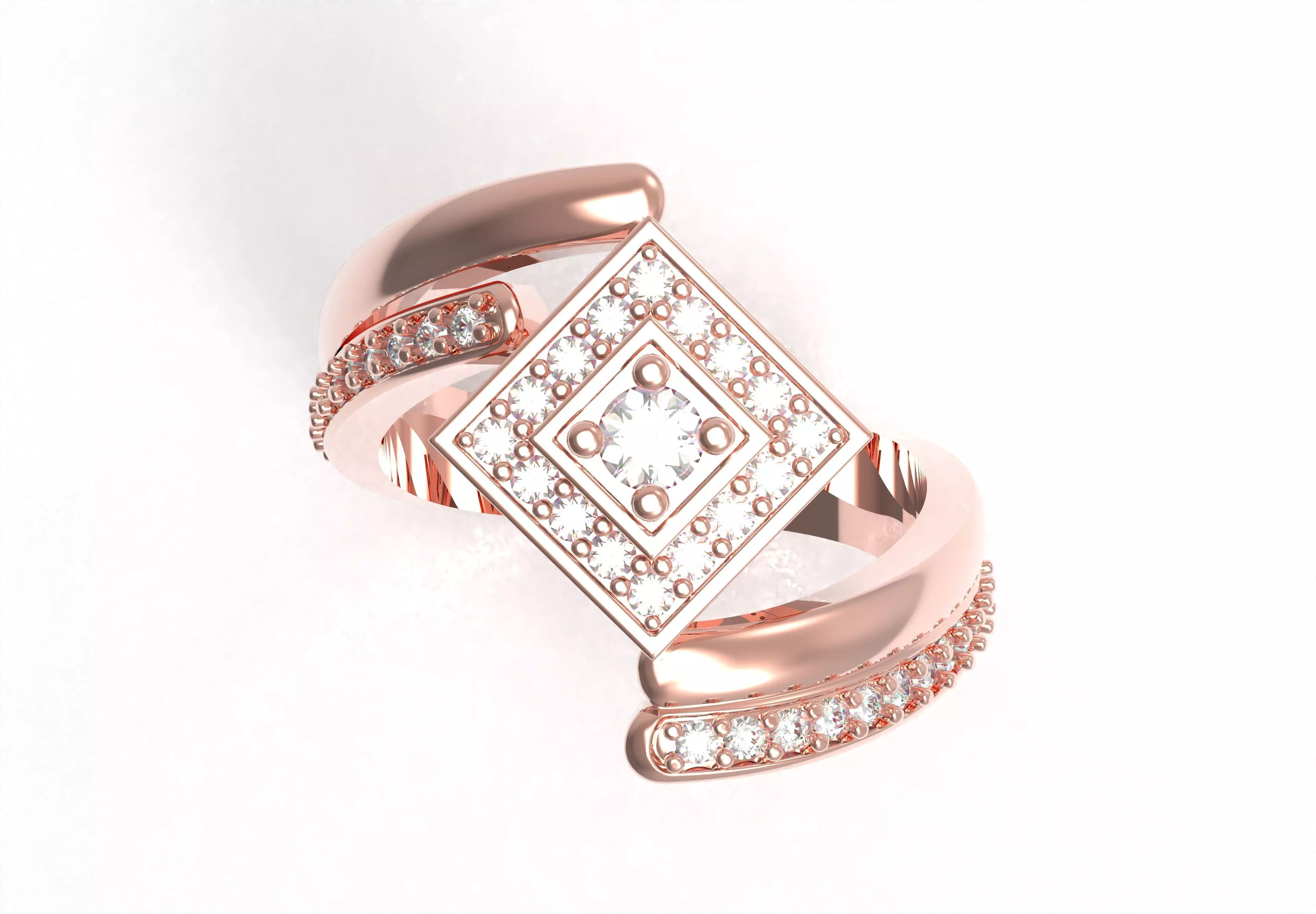 Round Diamond Square Shape Halo Double Bypass Ring 3D print model_13