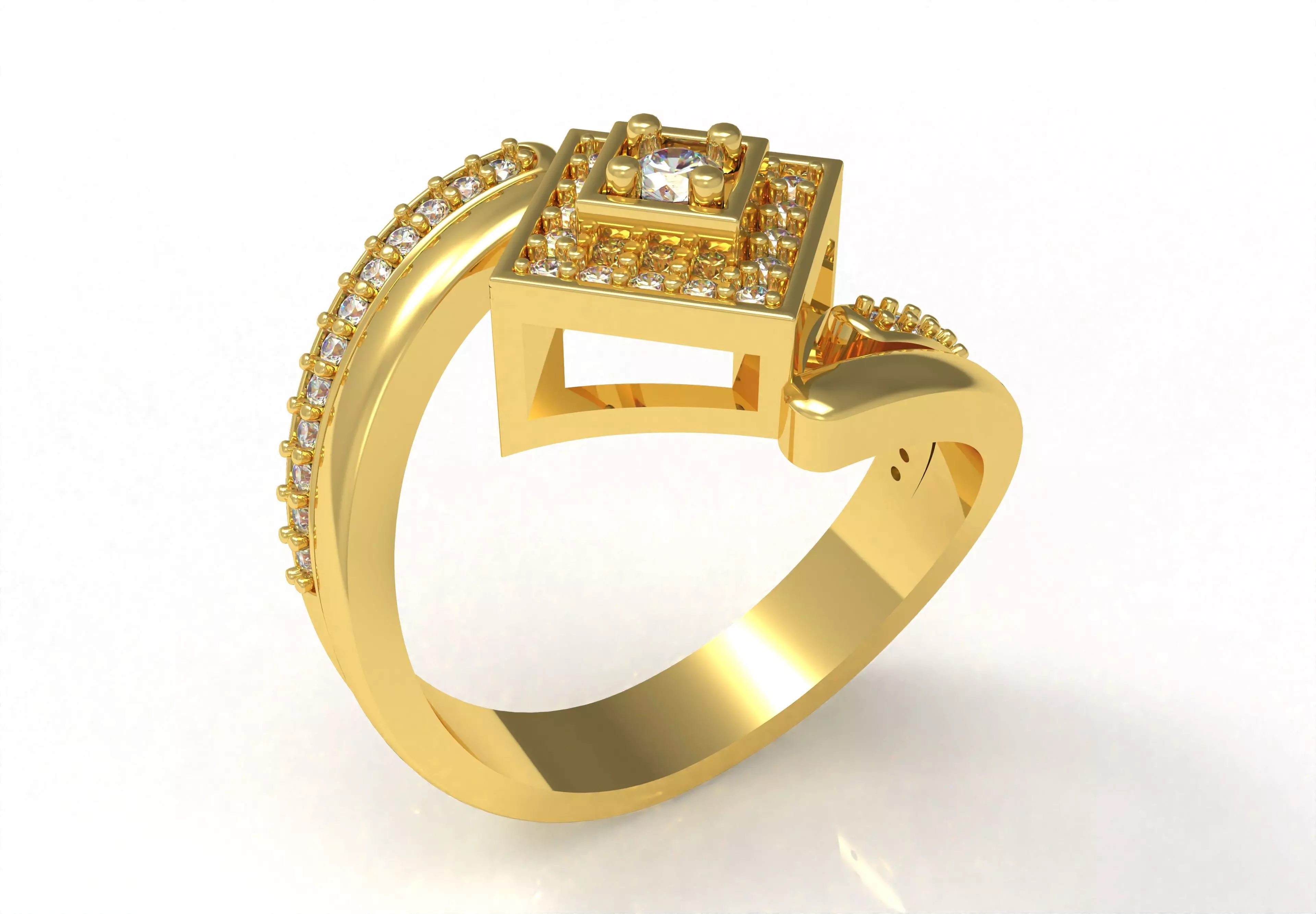 Round Diamond Square Shape Halo Double Bypass Ring 3D print model_0