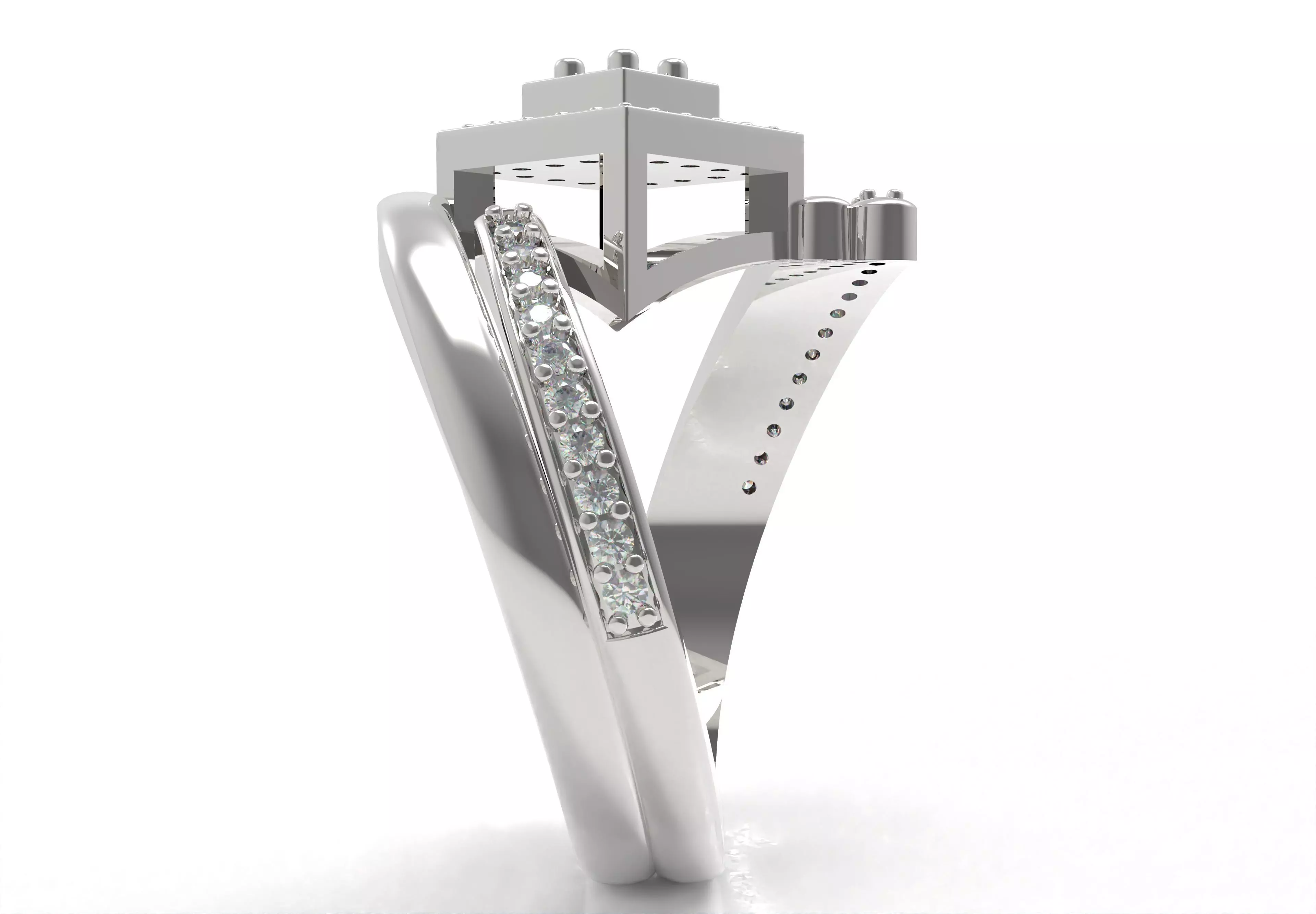 Round Diamond Square Shape Halo Double Bypass Ring 3D print model_17
