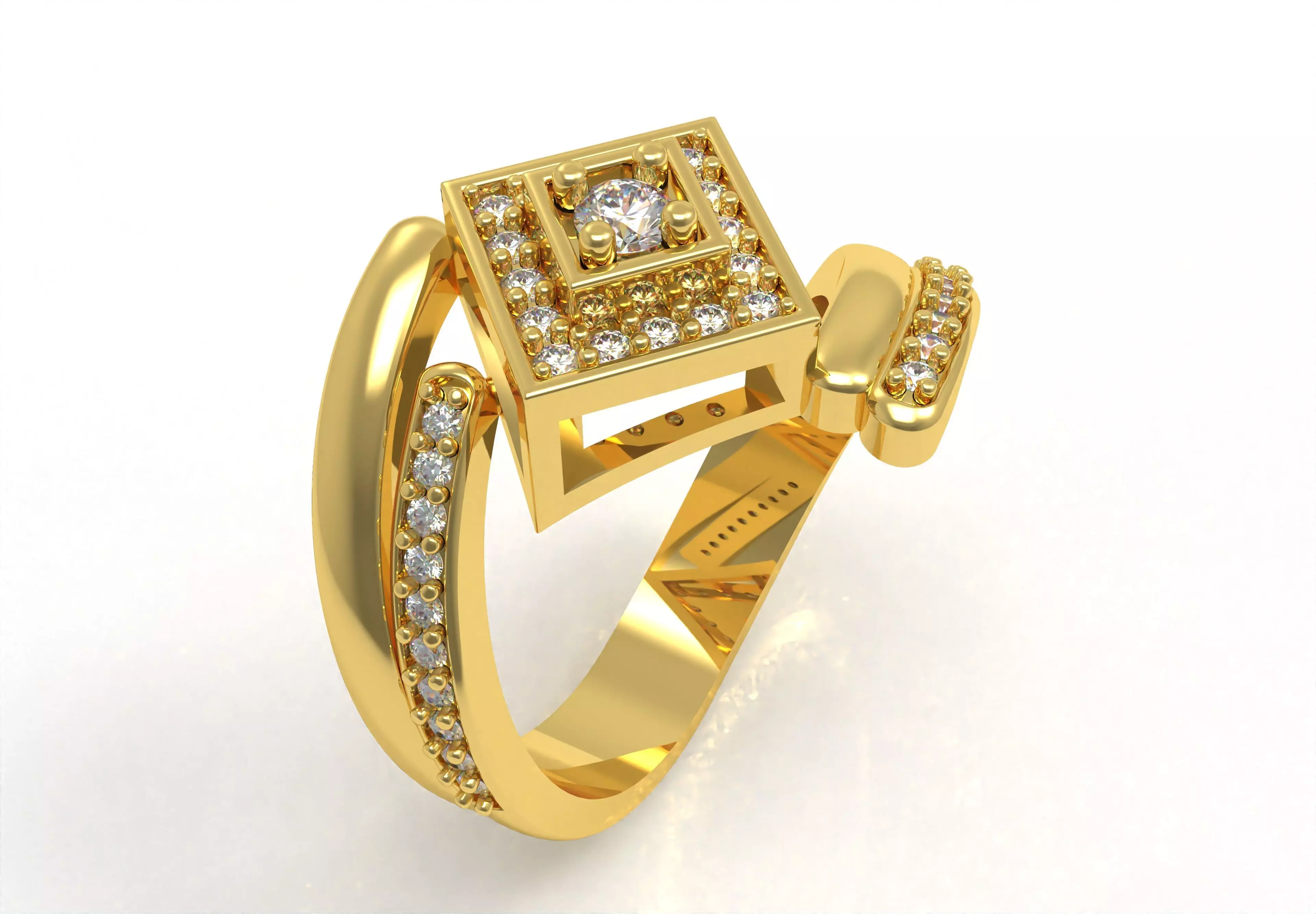 Round Diamond Square Shape Halo Double Bypass Ring 3D print model_2
