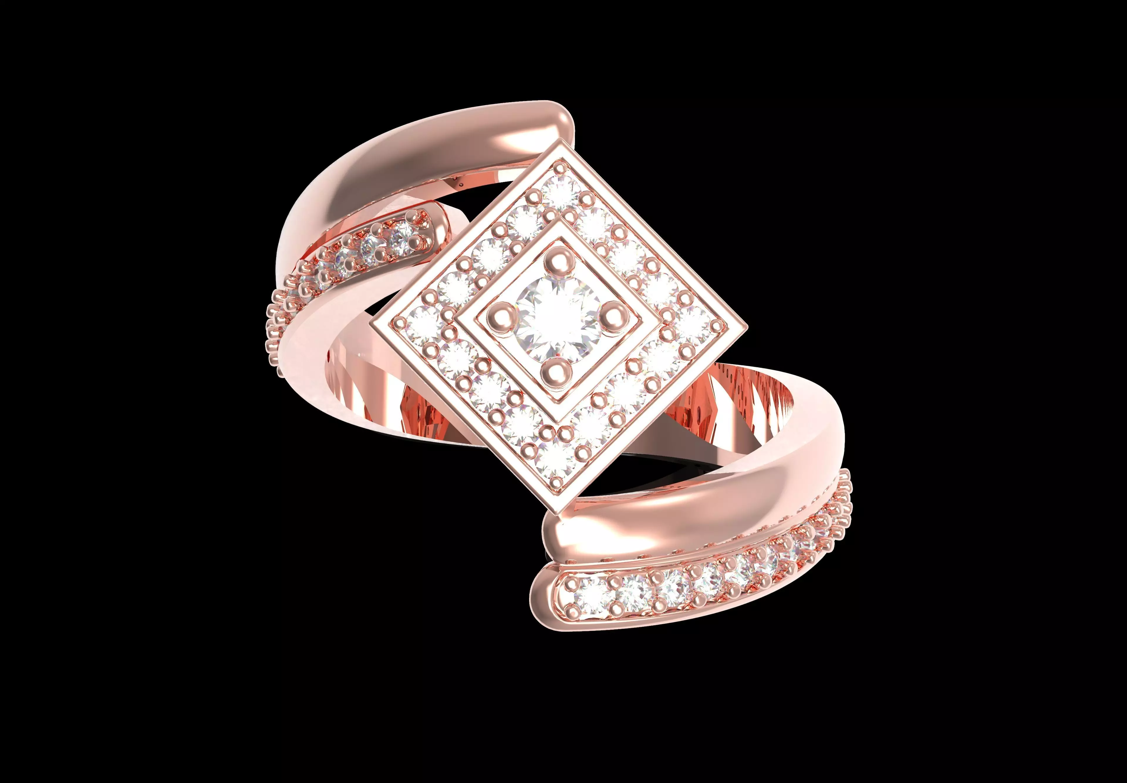 Round Diamond Square Shape Halo Double Bypass Ring 3D print model_7