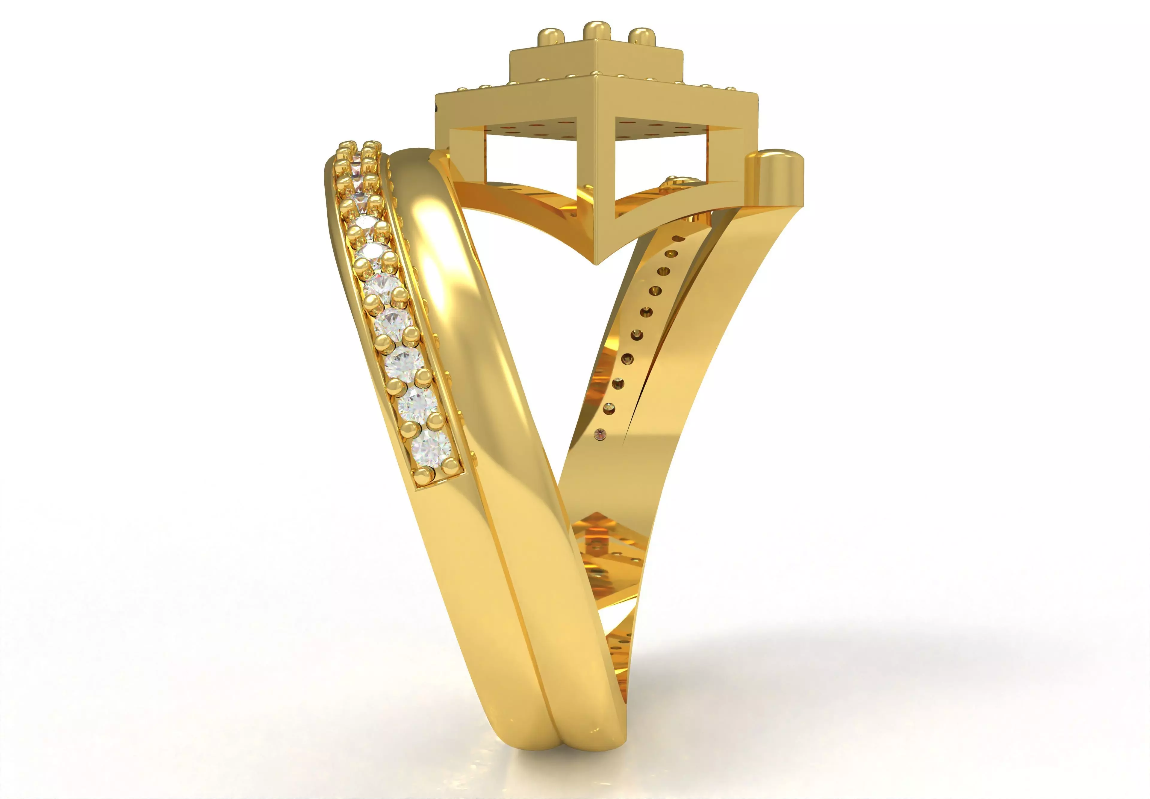 Round Diamond Square Shape Halo Double Bypass Ring 3D print model_28