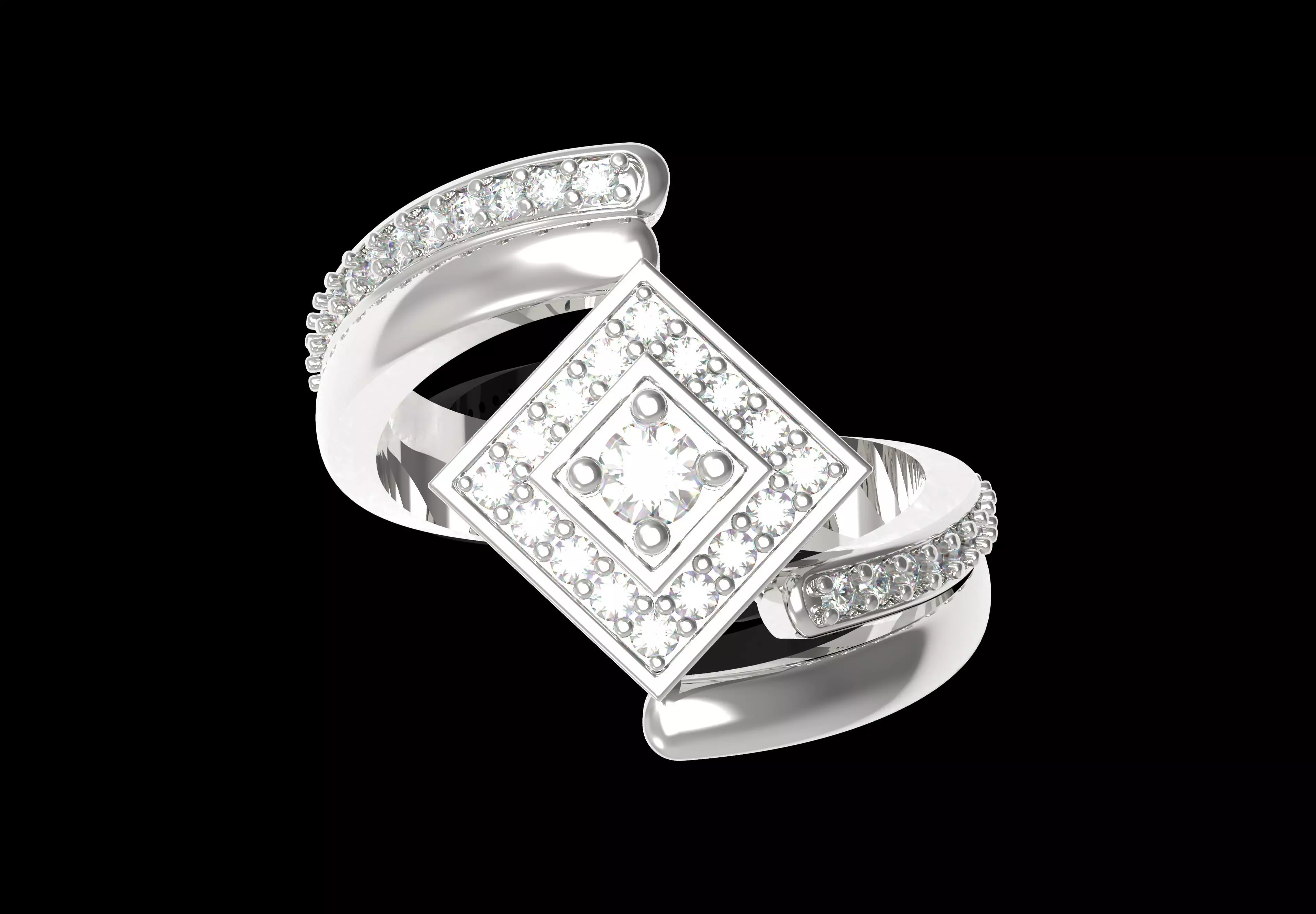 Round Diamond Square Shape Halo Double Bypass Ring 3D print model_22