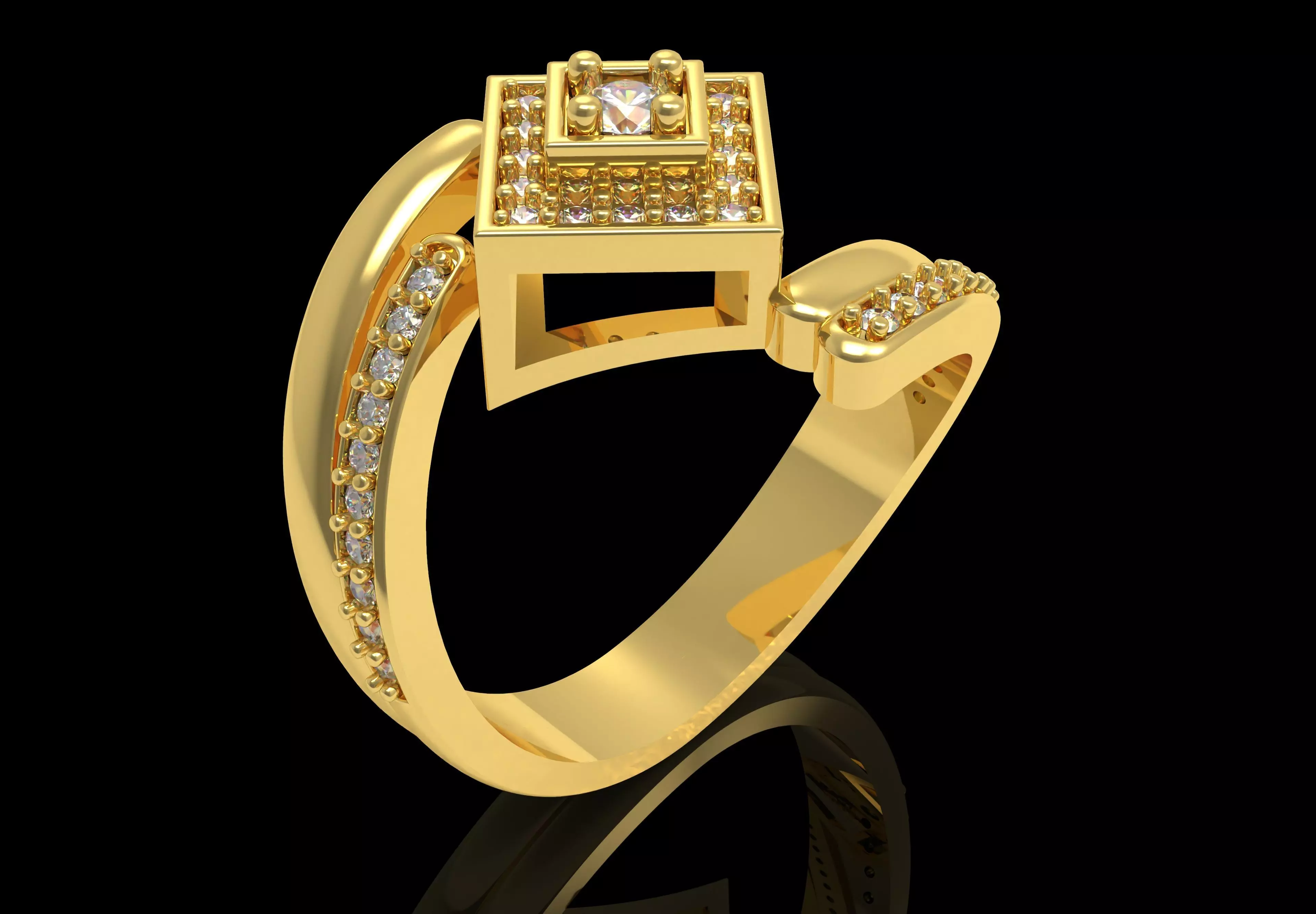 Round Diamond Square Shape Halo Double Bypass Ring 3D print model_31