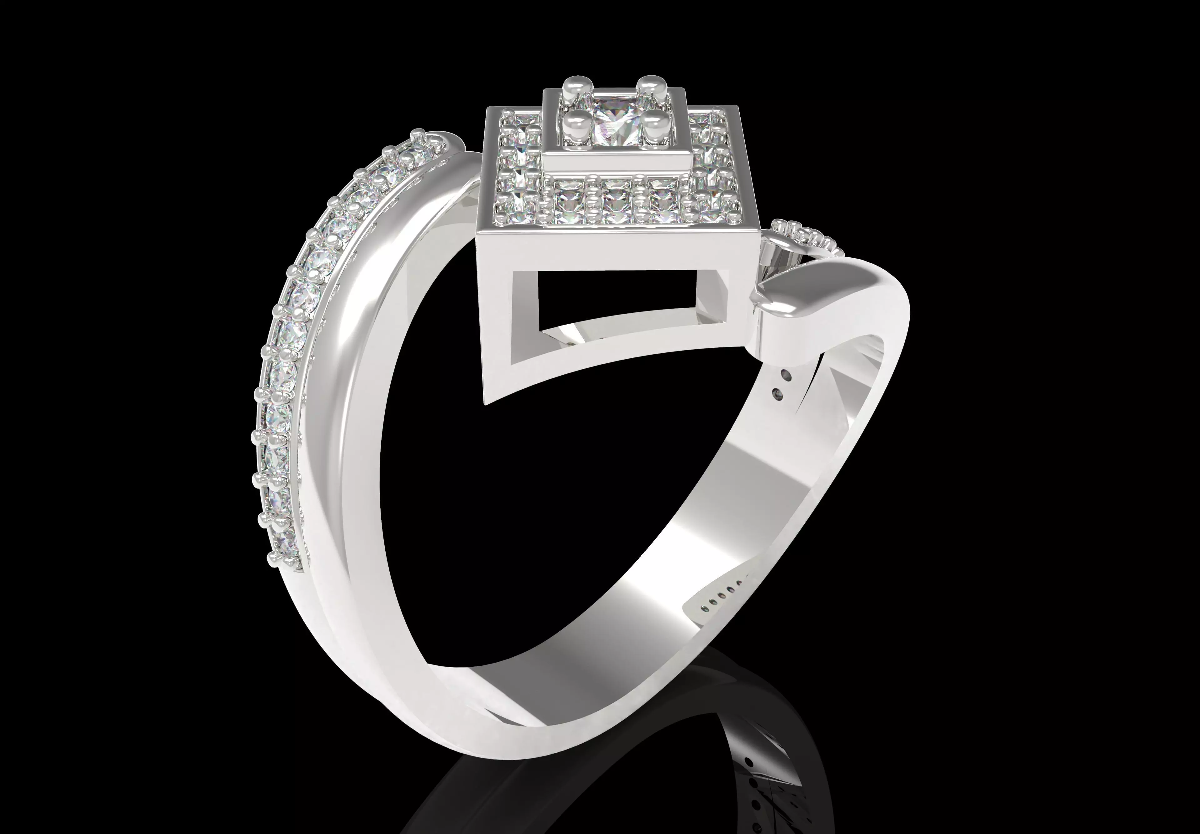 Round Diamond Square Shape Halo Double Bypass Ring 3D print model_24