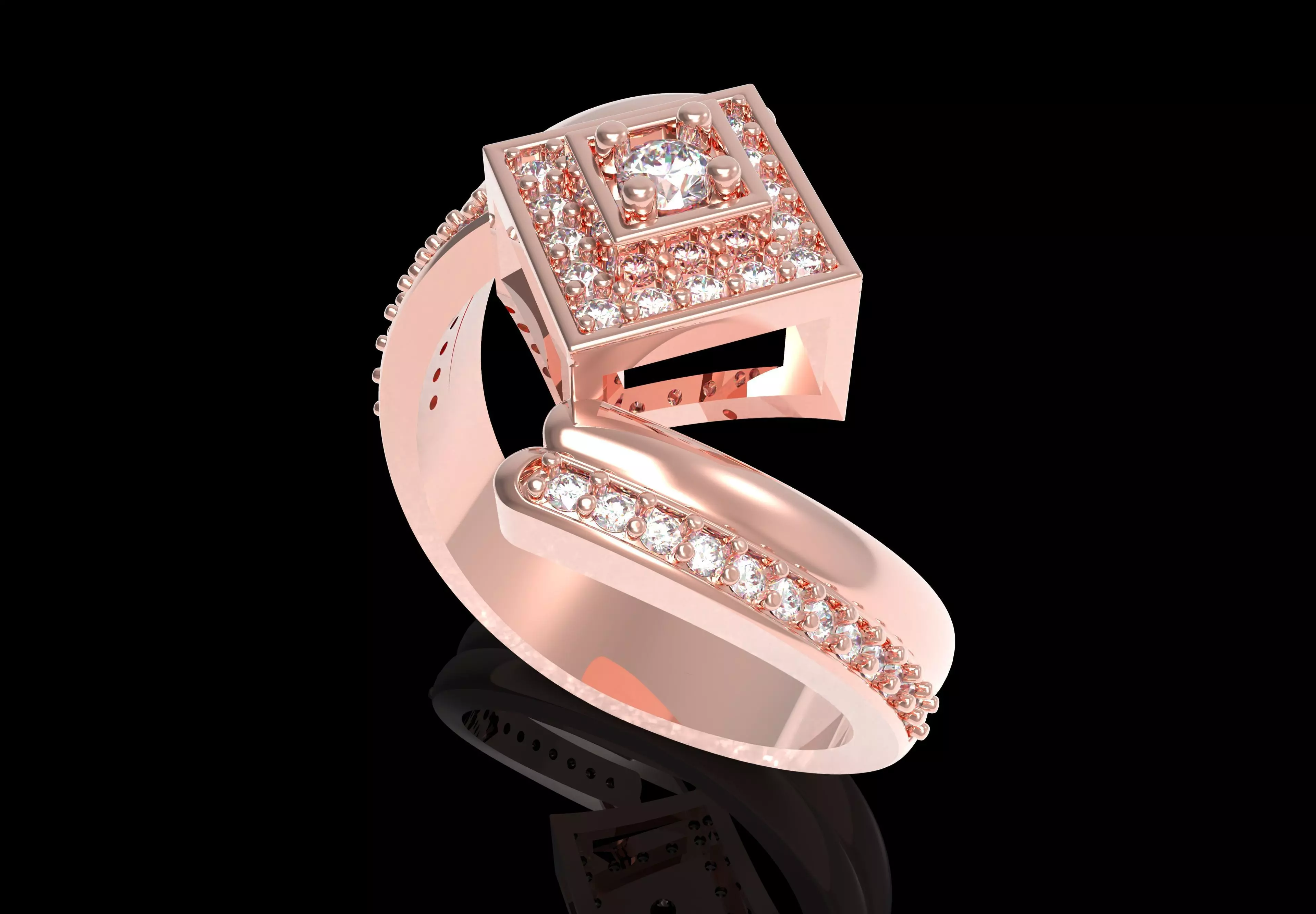 Round Diamond Square Shape Halo Double Bypass Ring 3D print model_9