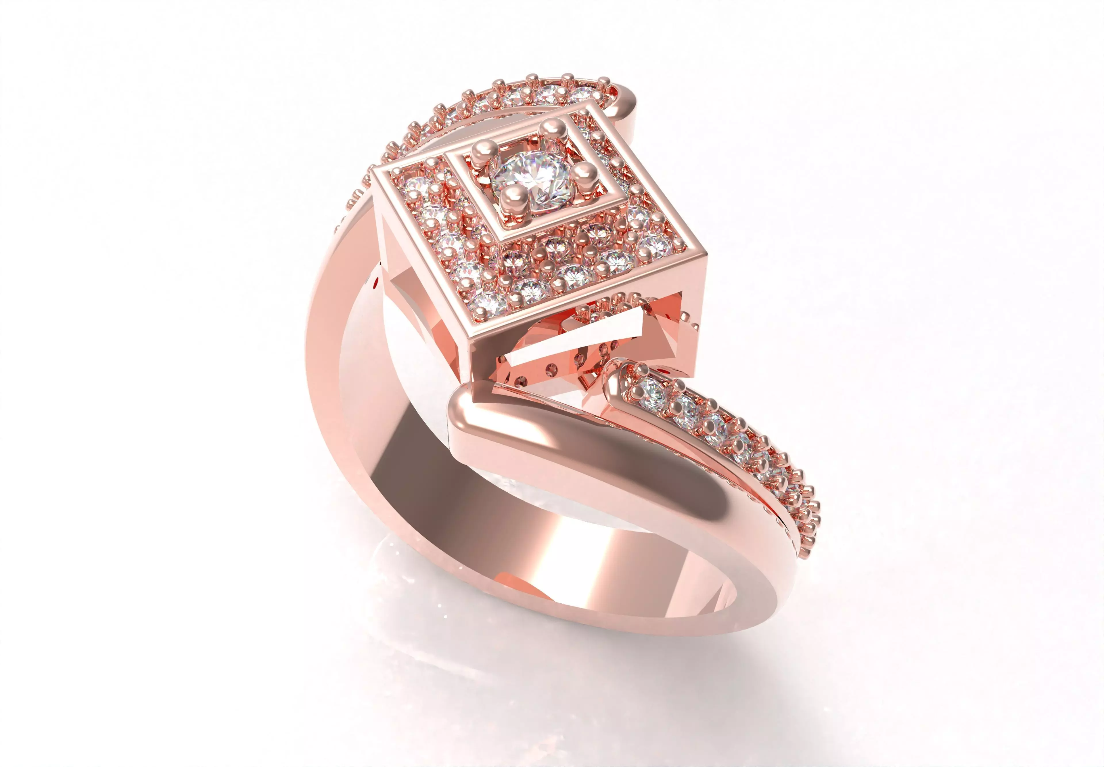 Round Diamond Square Shape Halo Double Bypass Ring 3D print model_15