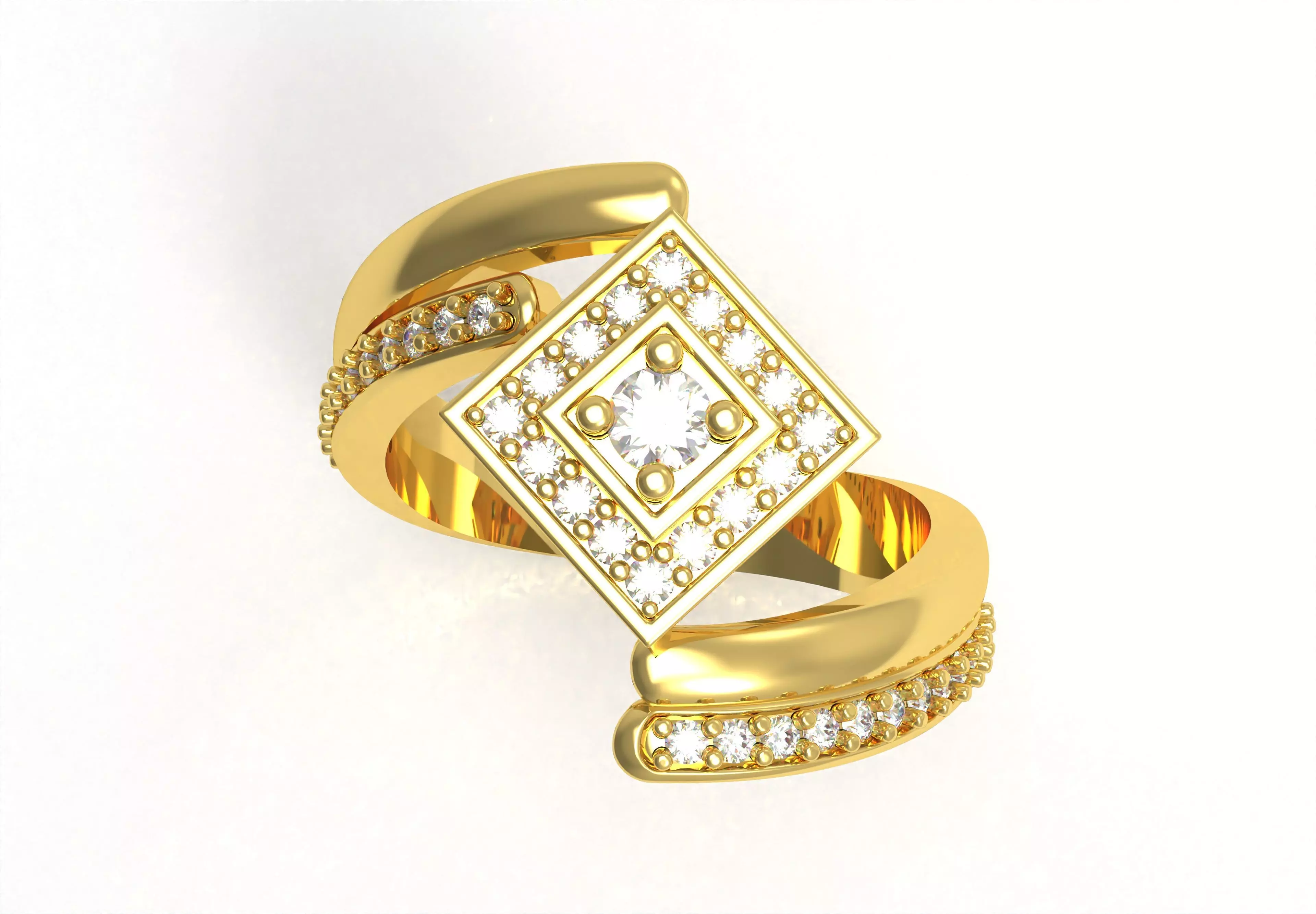 Round Diamond Square Shape Halo Double Bypass Ring 3D print model_4