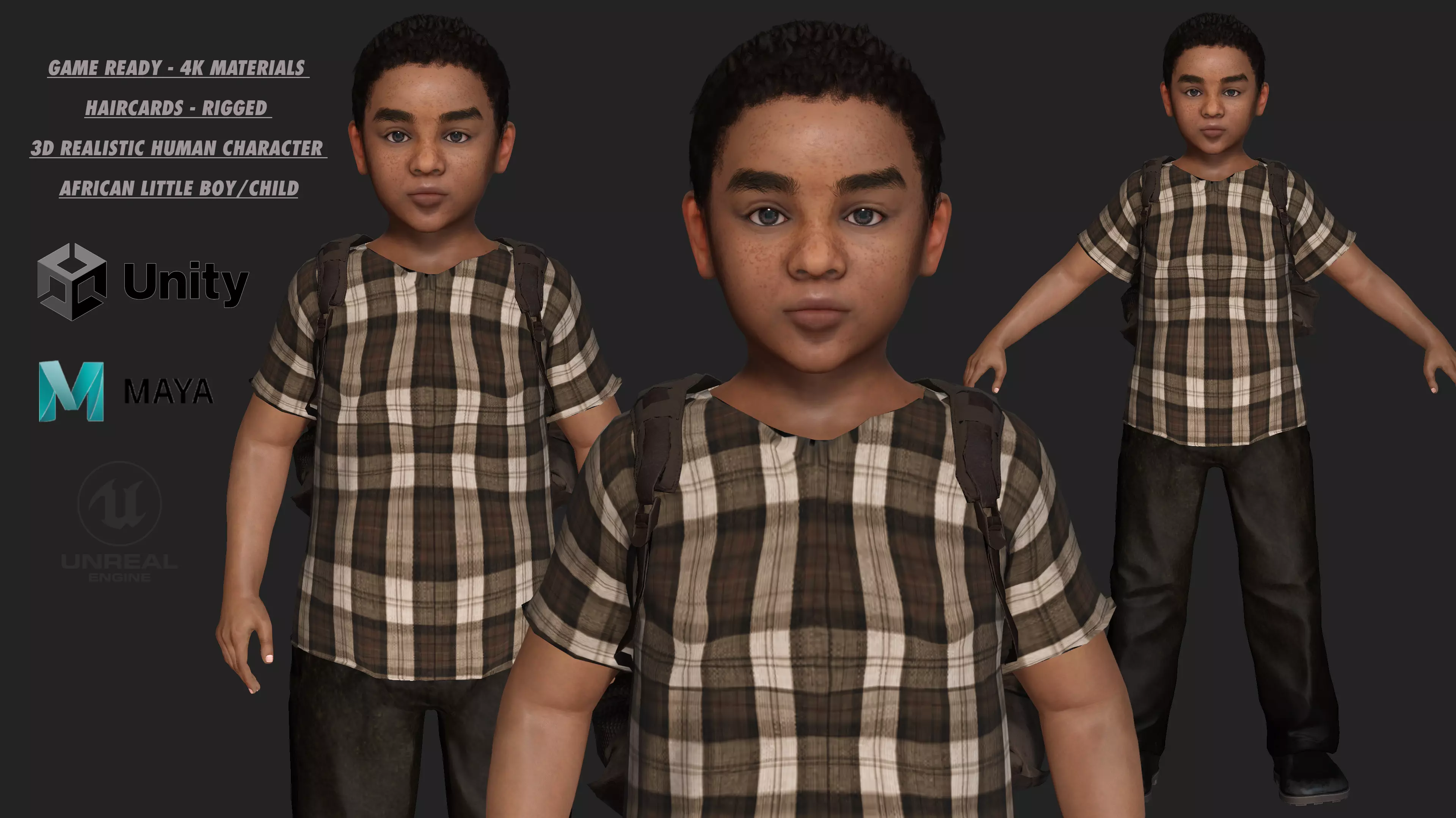 AAA 3D REALISTIC HUMAN CHARACTER - AFRICAN LITTLE BOY CHILD 02 Low-poly 3D model_0