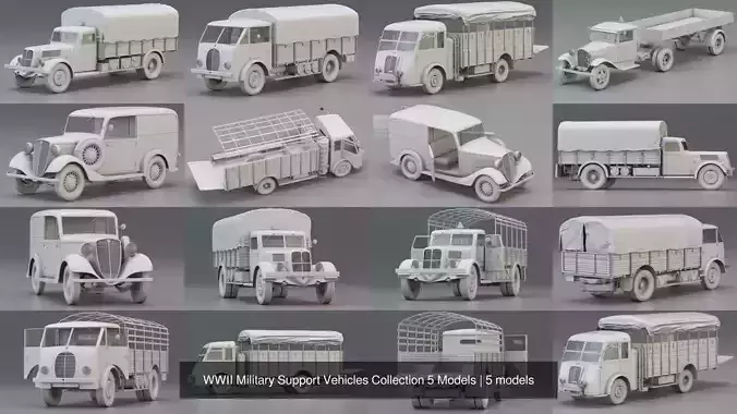 WWII Military Support Vehicles Collection 5 Models 