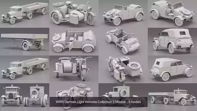 WWII German Light Vehicles Collection 3 Models 