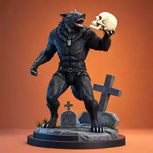 2231Werewolf Howling with Skull  3D Model  magic