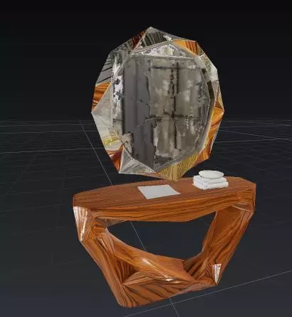 Geometric Wooden Console with Sculptural Mirror 3D model_4