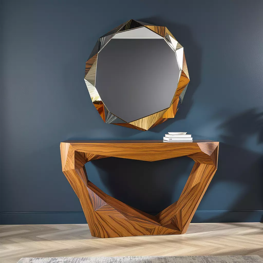Geometric Wooden Console with Sculptural Mirror 3D model_0