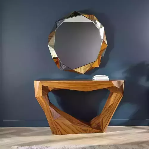 Geometric Wooden Console with Sculptural Mirror
