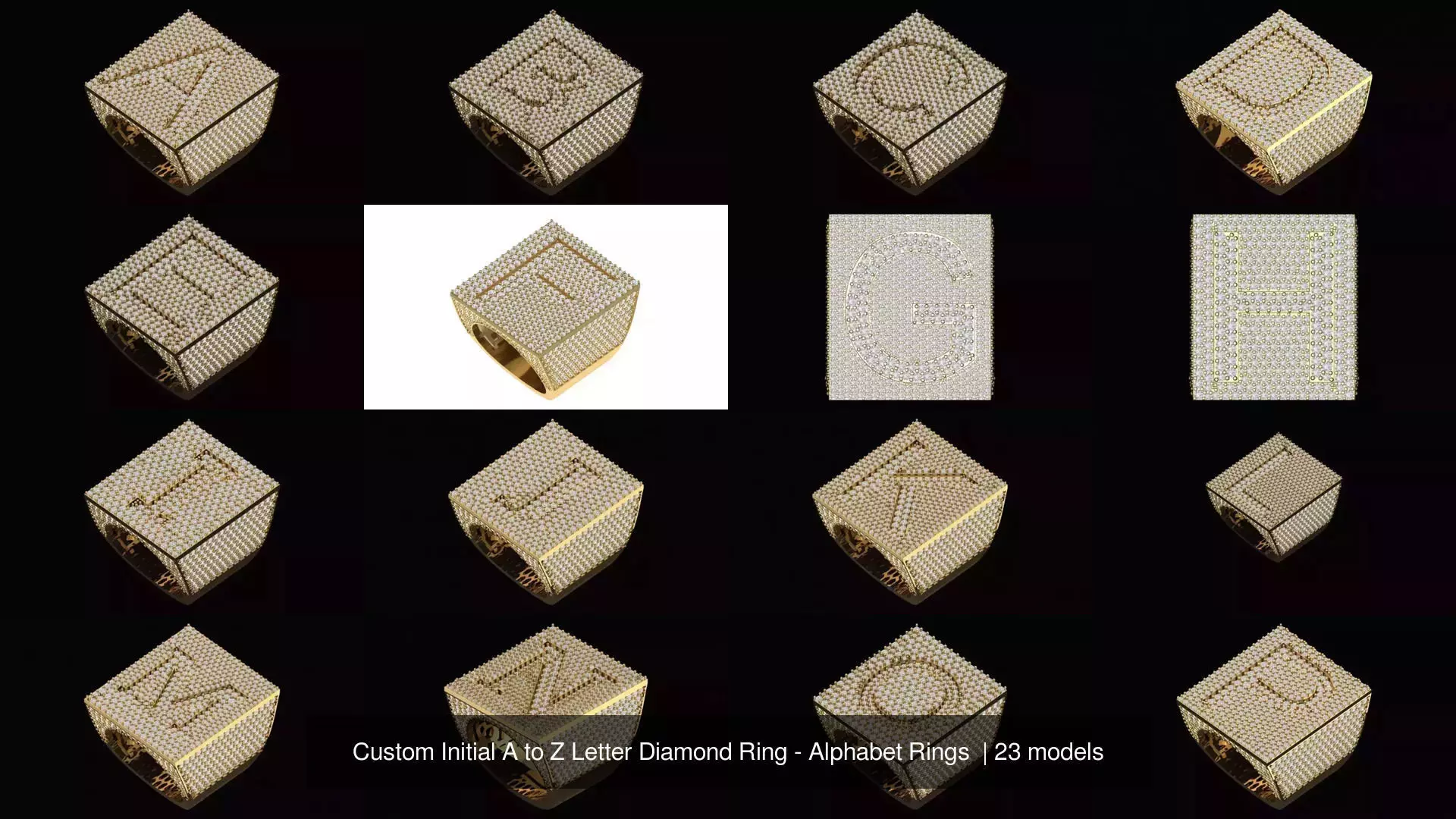 Custom Initial A to Z Letter Diamond Ring - Alphabet Rings  3D Model Collection_0