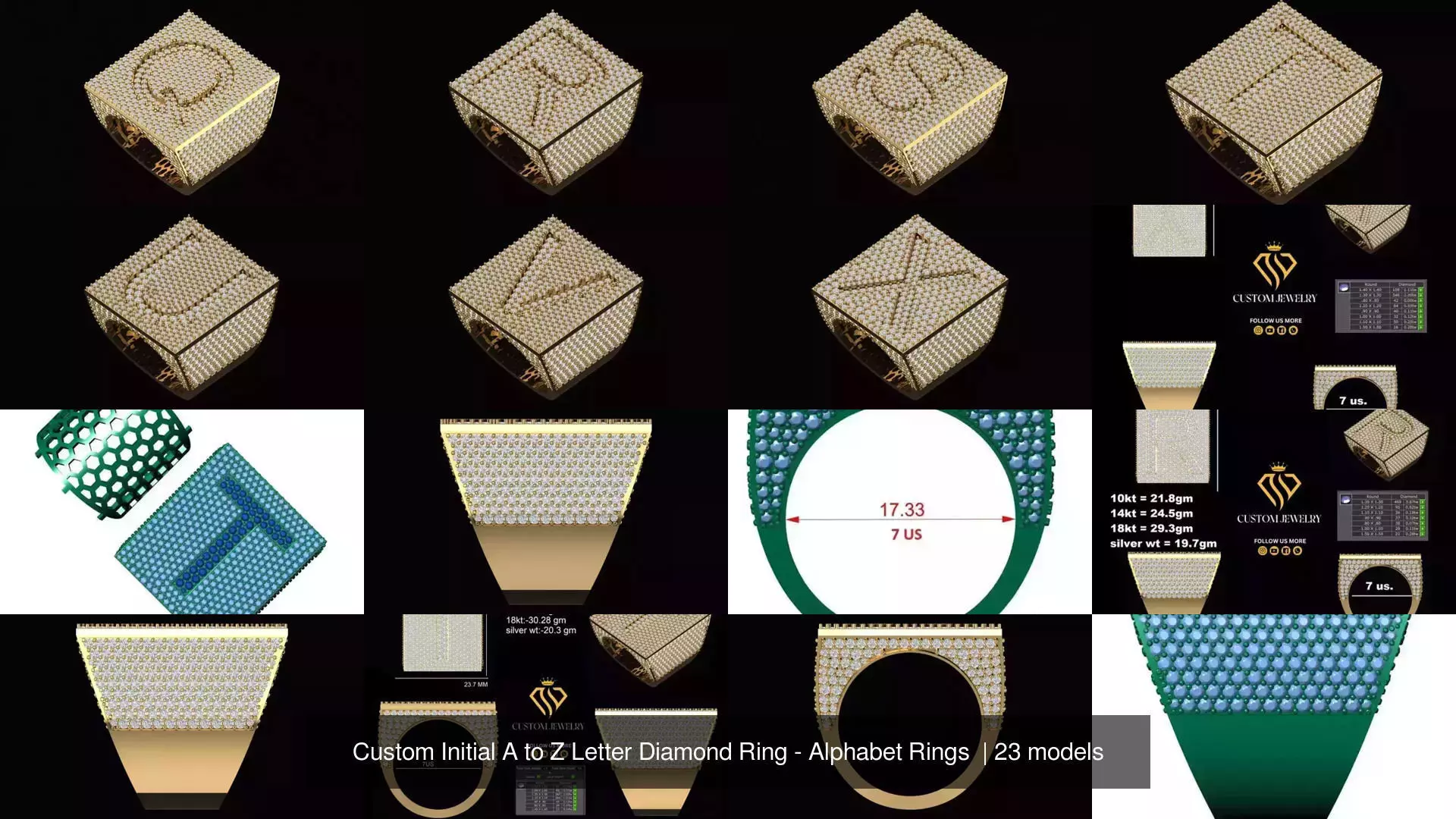 Custom Initial A to Z Letter Diamond Ring - Alphabet Rings  3D Model Collection_2