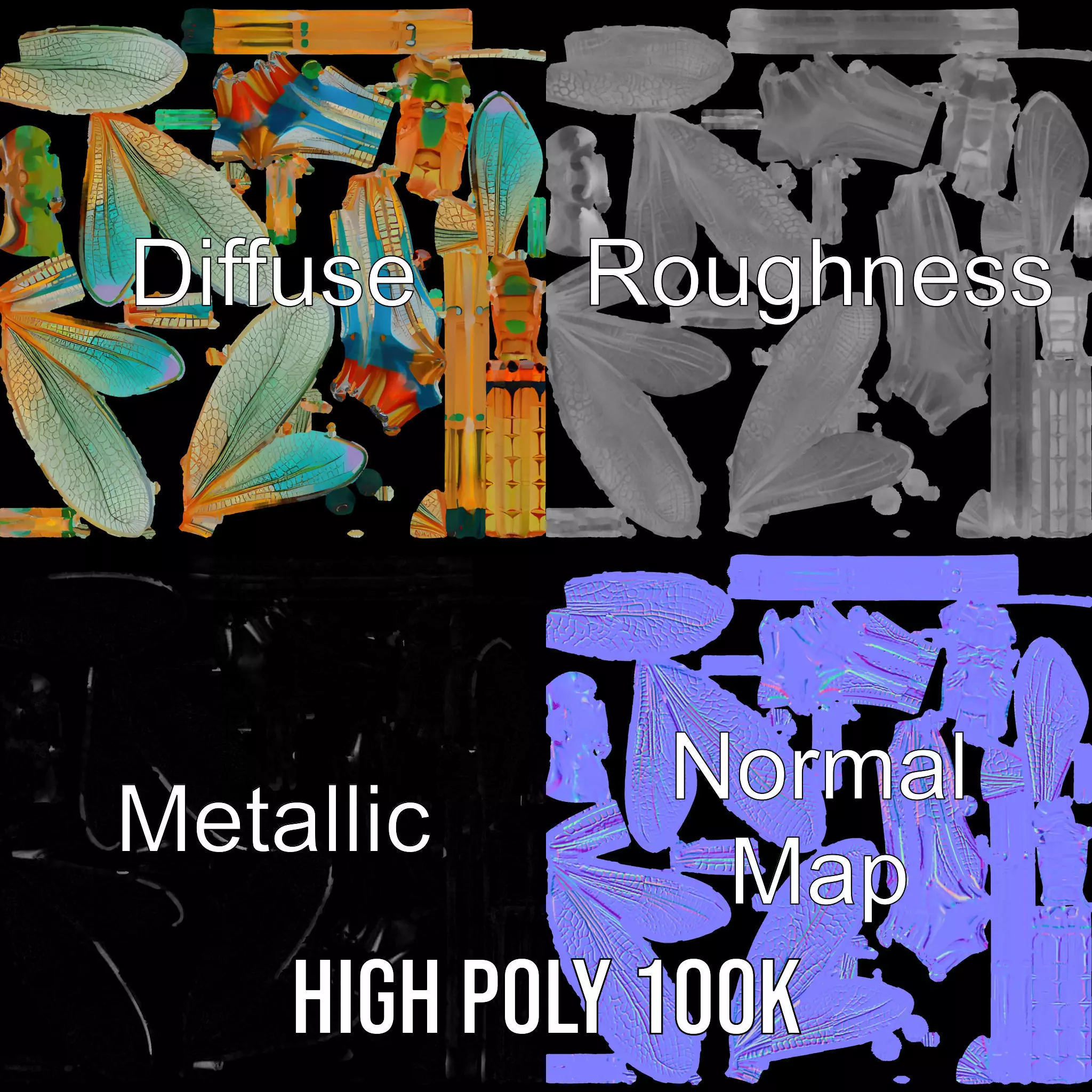 Iridescent Dragonfly model pack Low-poly 3D model_3