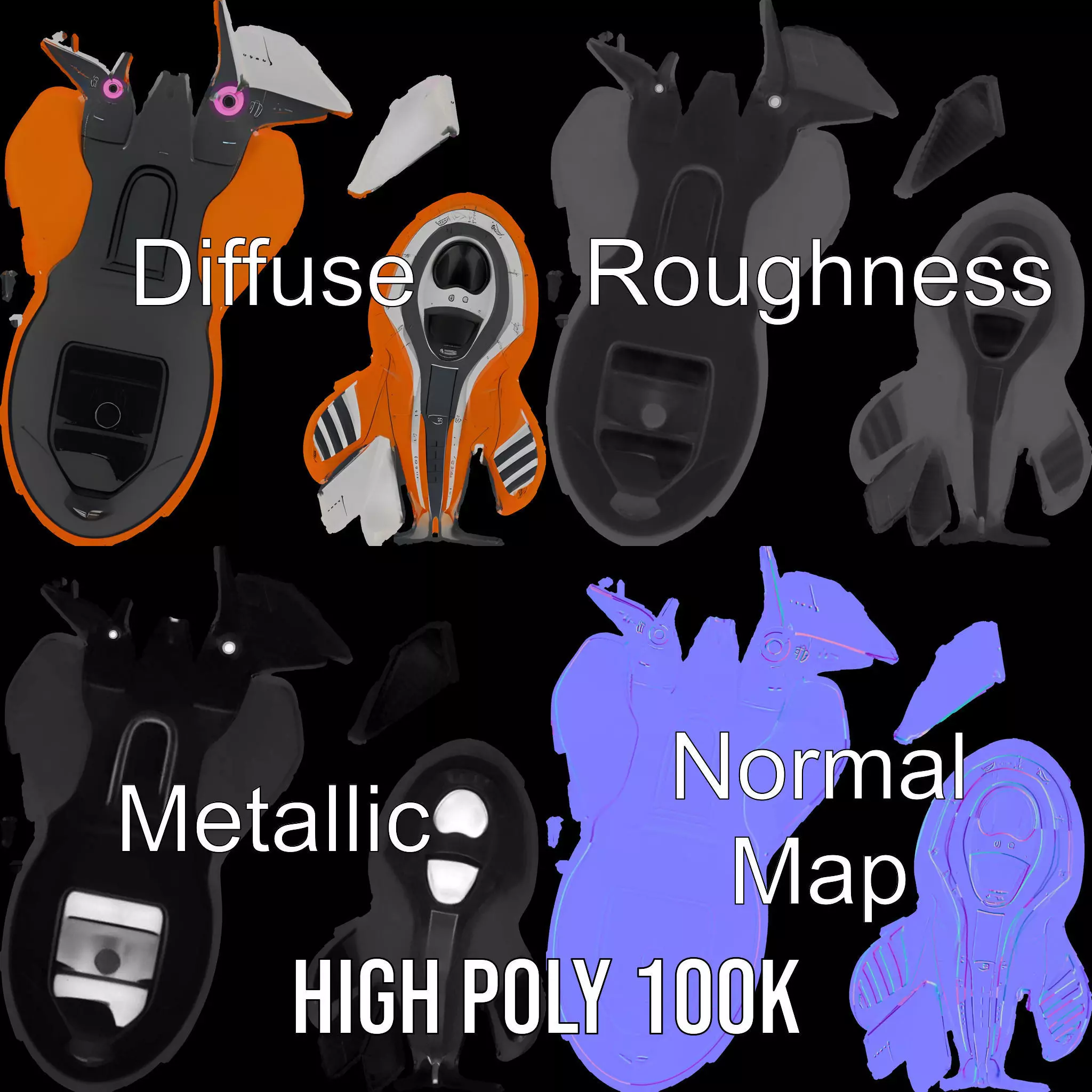 Futuristic Orange Spaceship model pack Low-poly 3D model_3