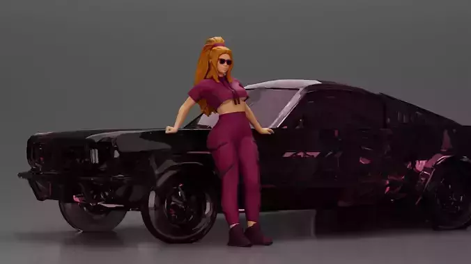 woman in sportswear and sunglasses leaning on the car stylishly