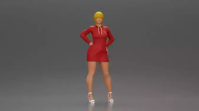 woman in red long hoodie with hands on hips showing elegance