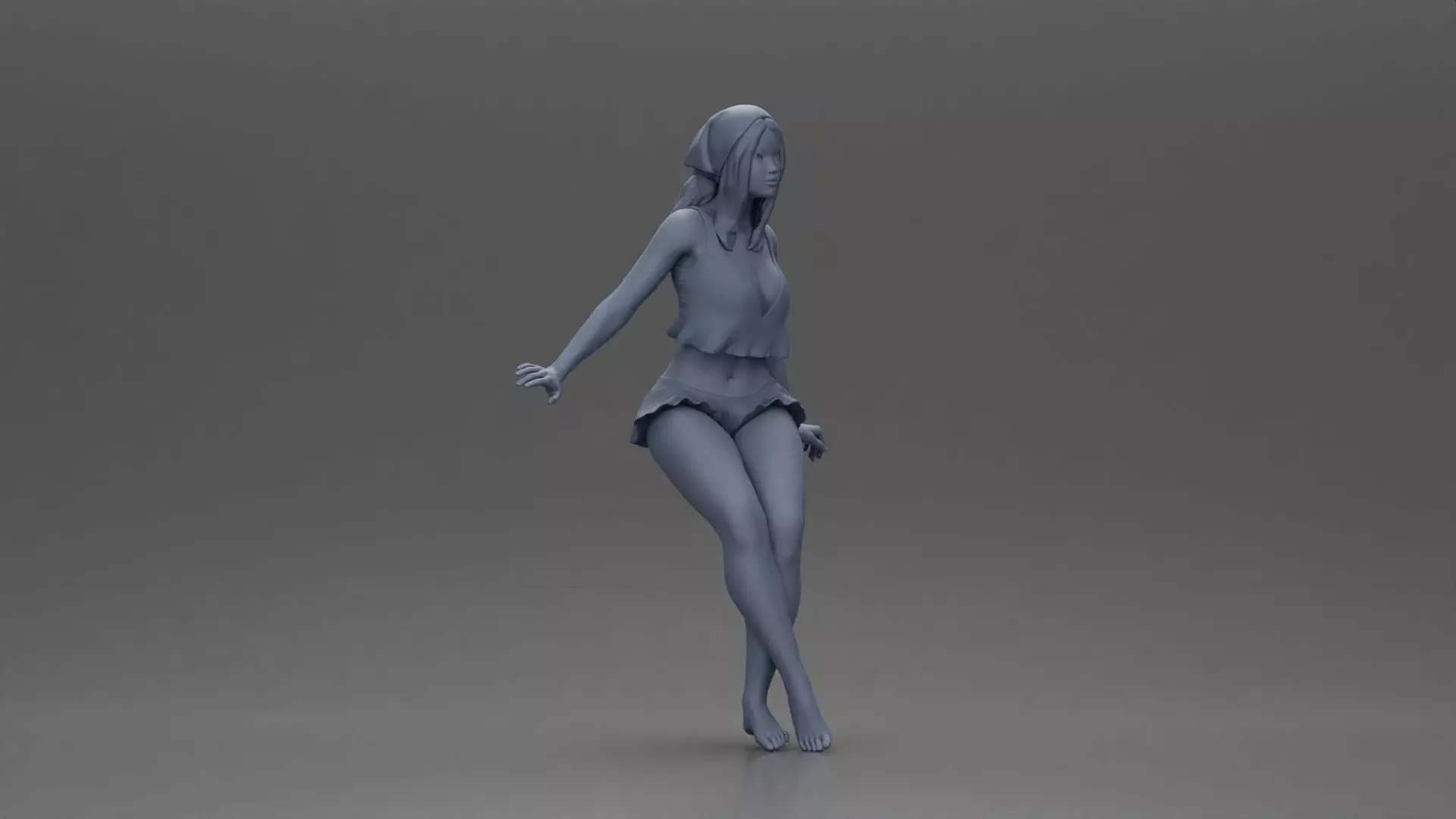 Stylish woman sitting casually in a white top and blue skirt 3D print model_7