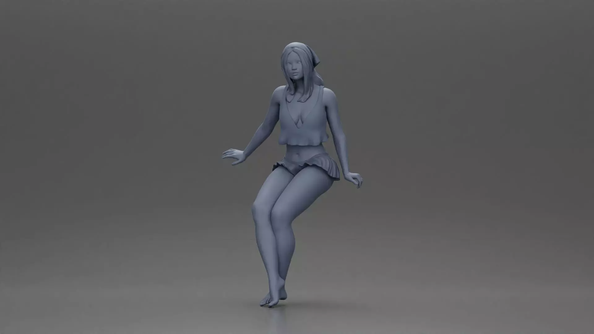 Stylish woman sitting casually in a white top and blue skirt 3D print model_6