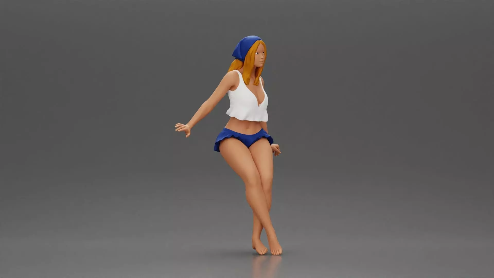 Stylish woman sitting casually in a white top and blue skirt 3D print model_1
