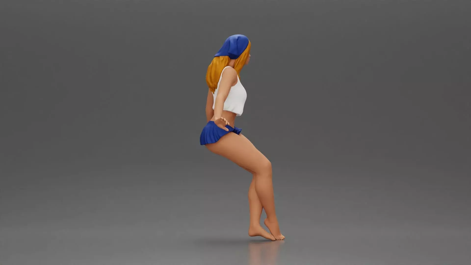 Stylish woman sitting casually in a white top and blue skirt 3D print model_2