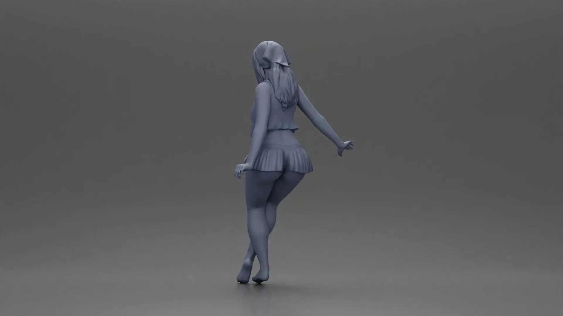 Stylish woman sitting casually in a white top and blue skirt 3D print model_10