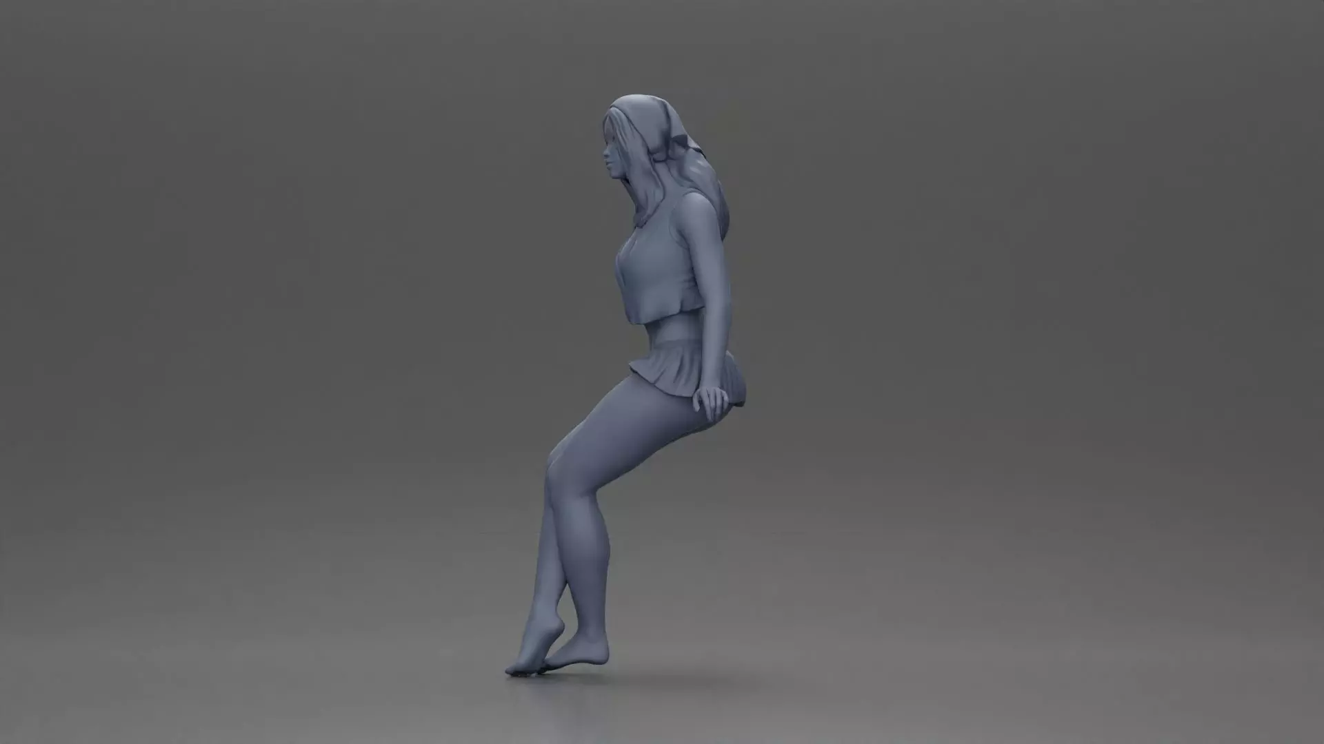 Stylish woman sitting casually in a white top and blue skirt 3D print model_11