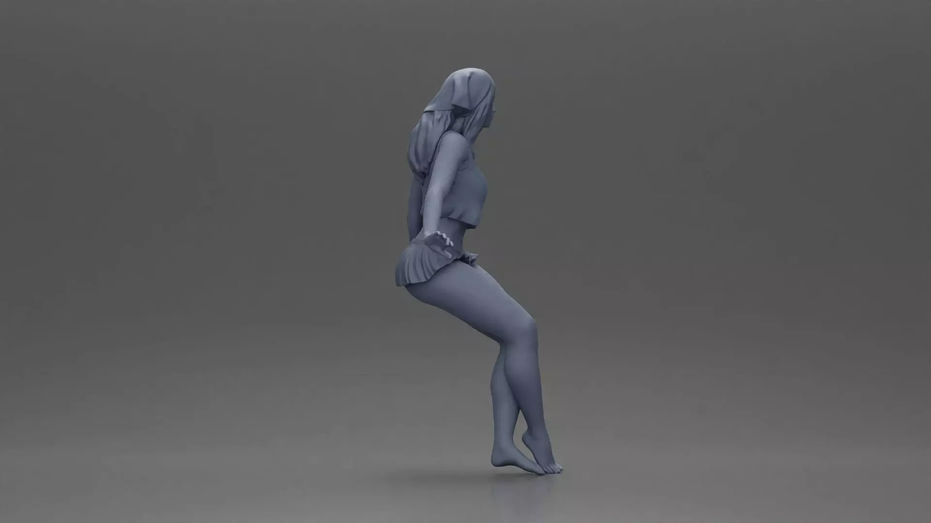 Stylish woman sitting casually in a white top and blue skirt 3D print model_8