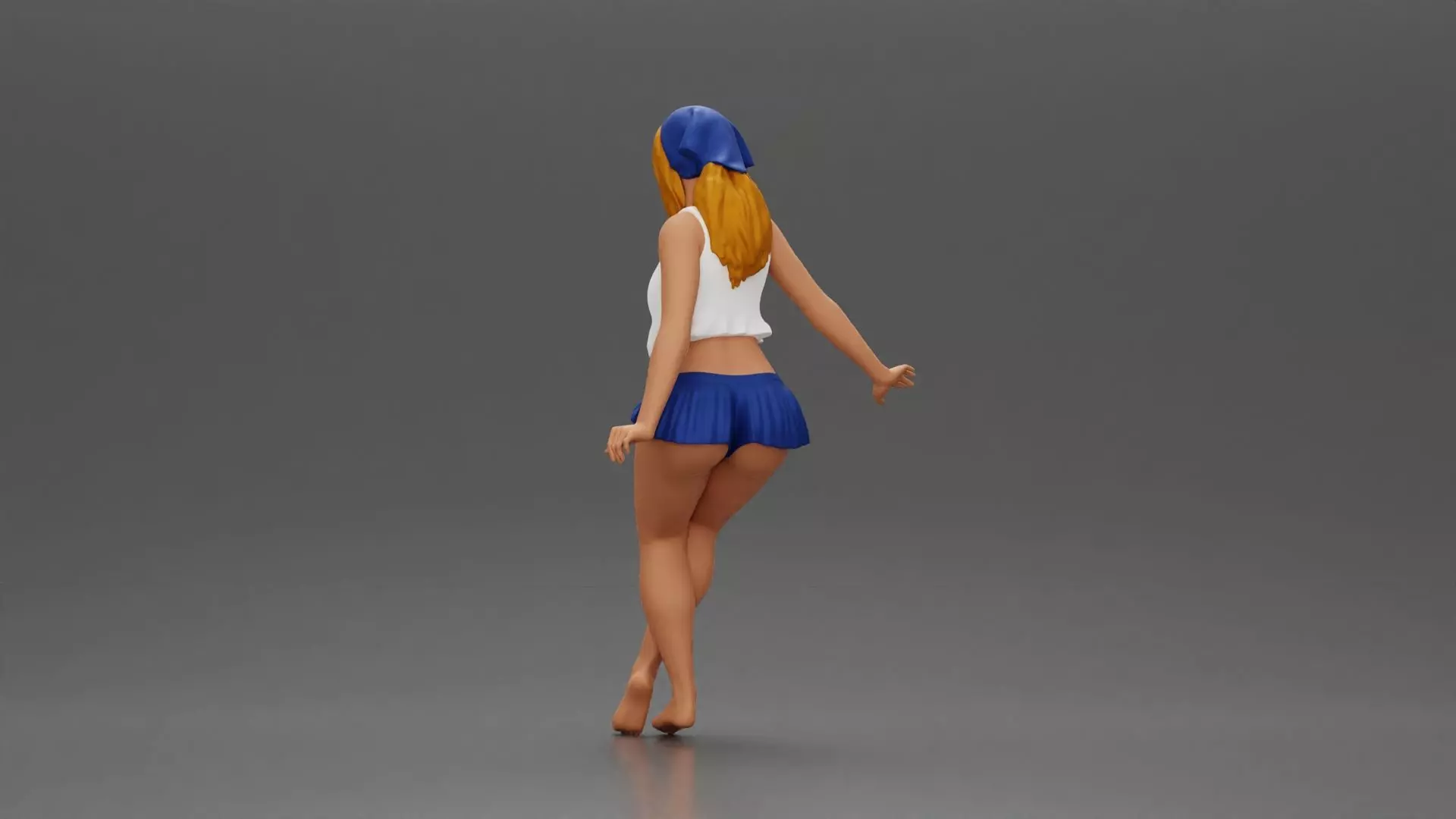 Stylish woman sitting casually in a white top and blue skirt 3D print model_4