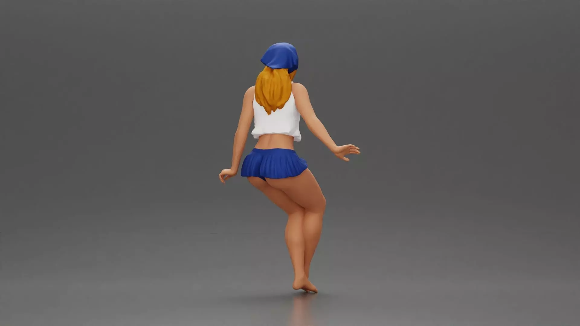 Stylish woman sitting casually in a white top and blue skirt 3D print model_3