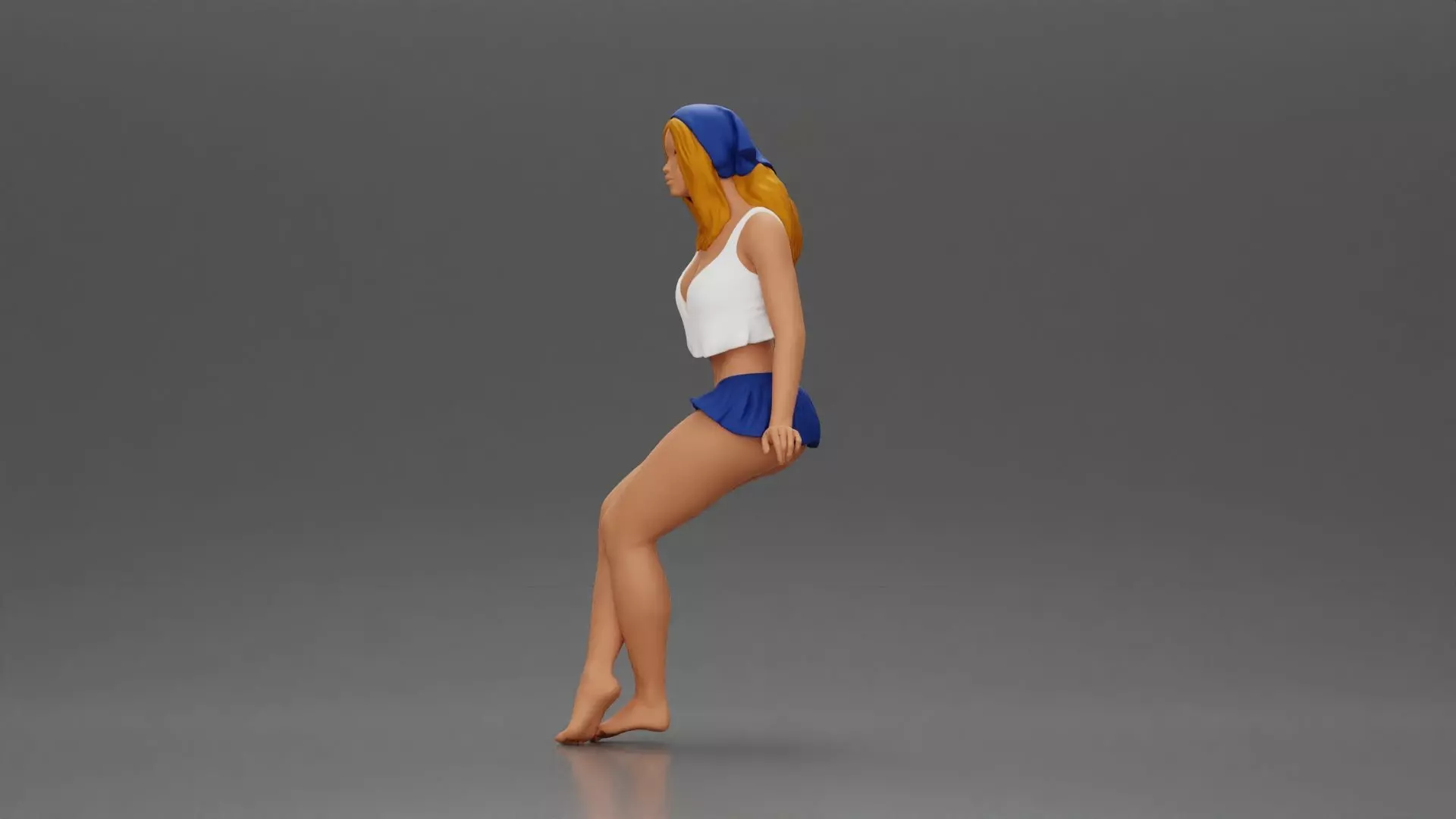 Stylish woman sitting casually in a white top and blue skirt 3D print model_5