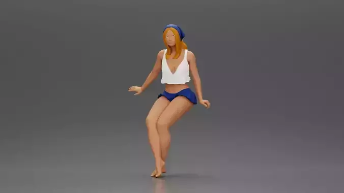 Stylish woman sitting casually in a white top and blue skirt