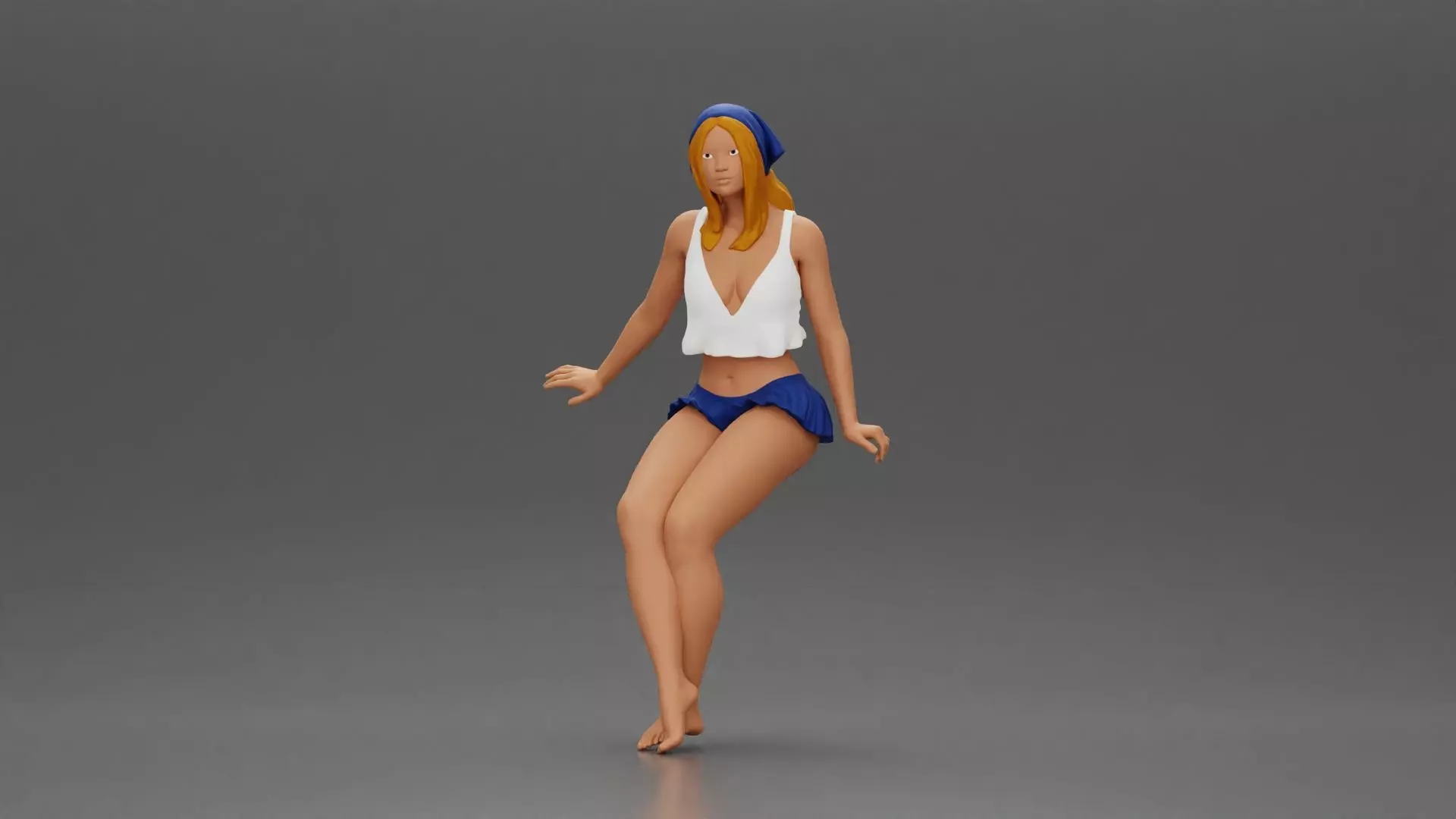 Stylish woman sitting casually in a white top and blue skirt 3D print model_0