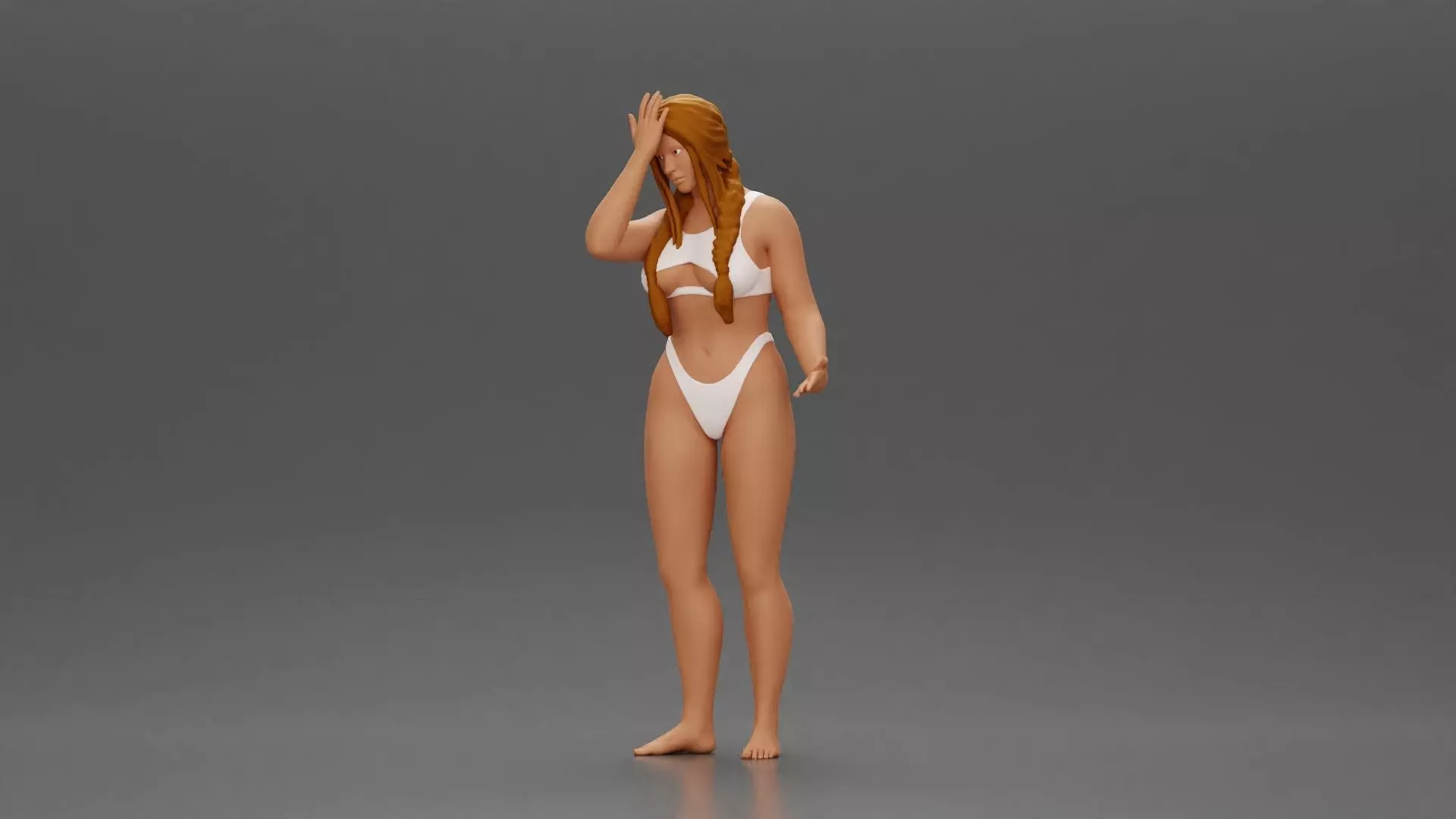 Confused Woman in Bikini Standing with Hand on Forehead 3D print model_0