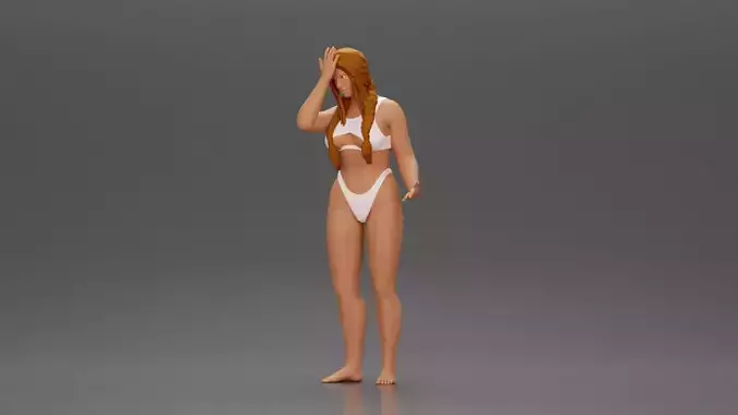 Confused Woman in Bikini Standing with Hand on Forehead