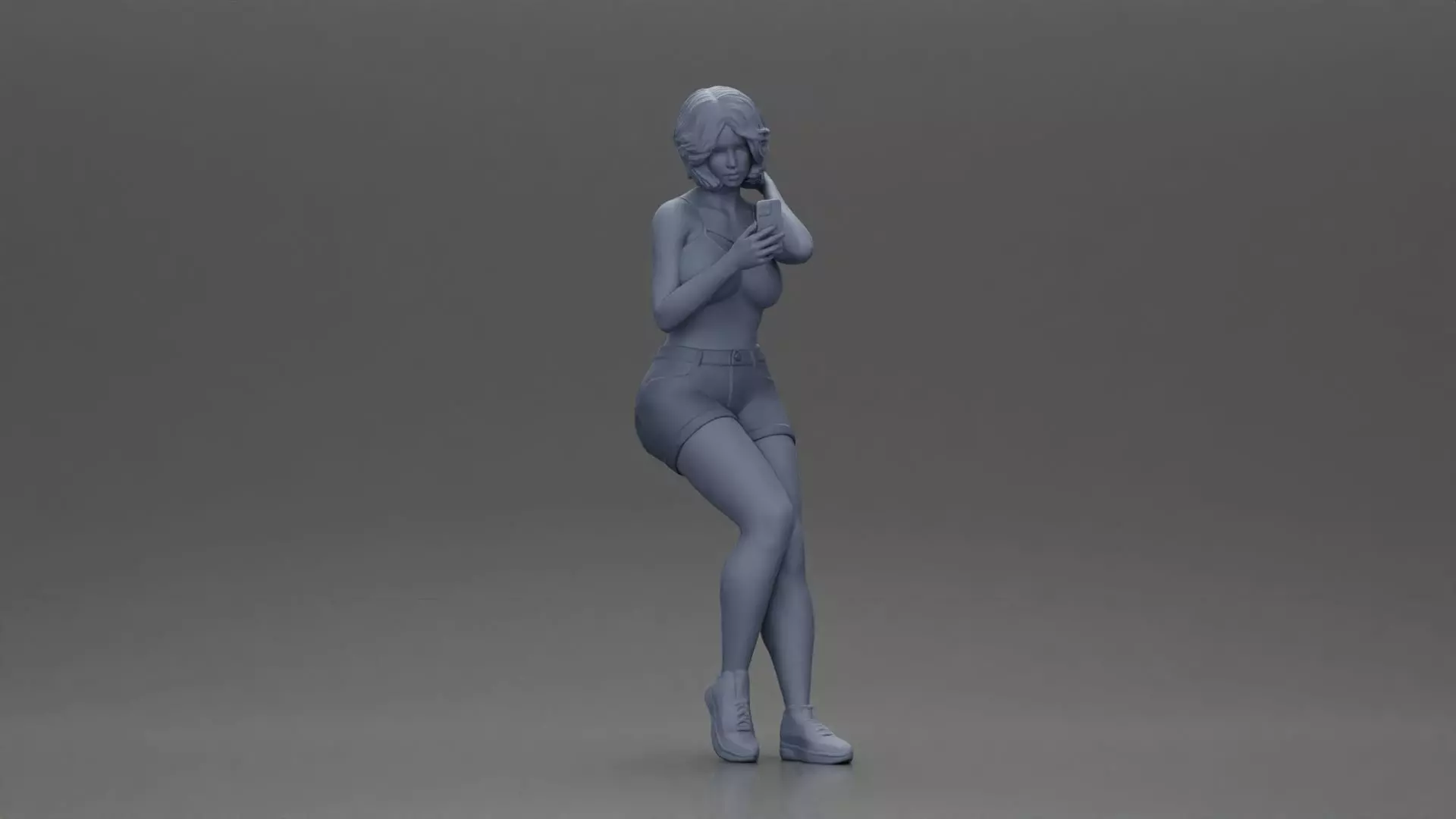 Girl casually checking her phone while striking a relaxed pose 3D print model_6