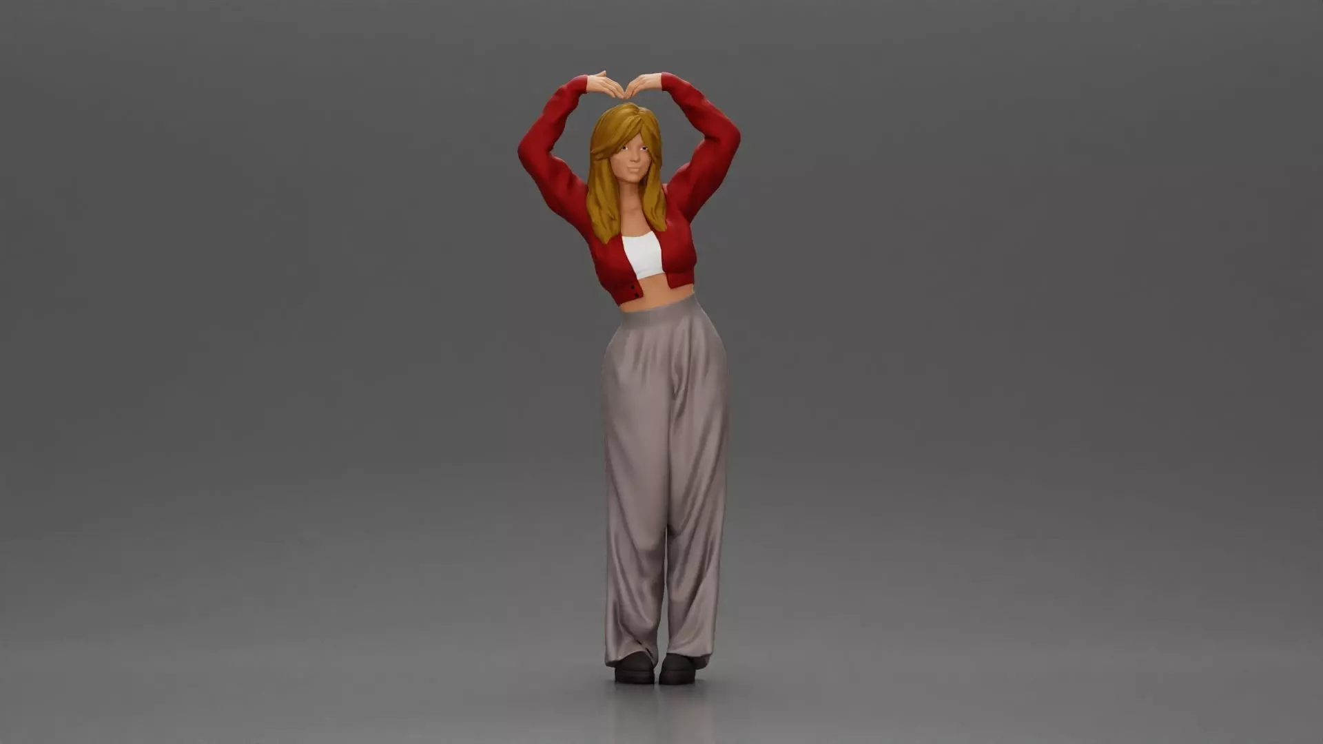 Confident woman striking a heart shaped pose with joyful energy 3D print model_0