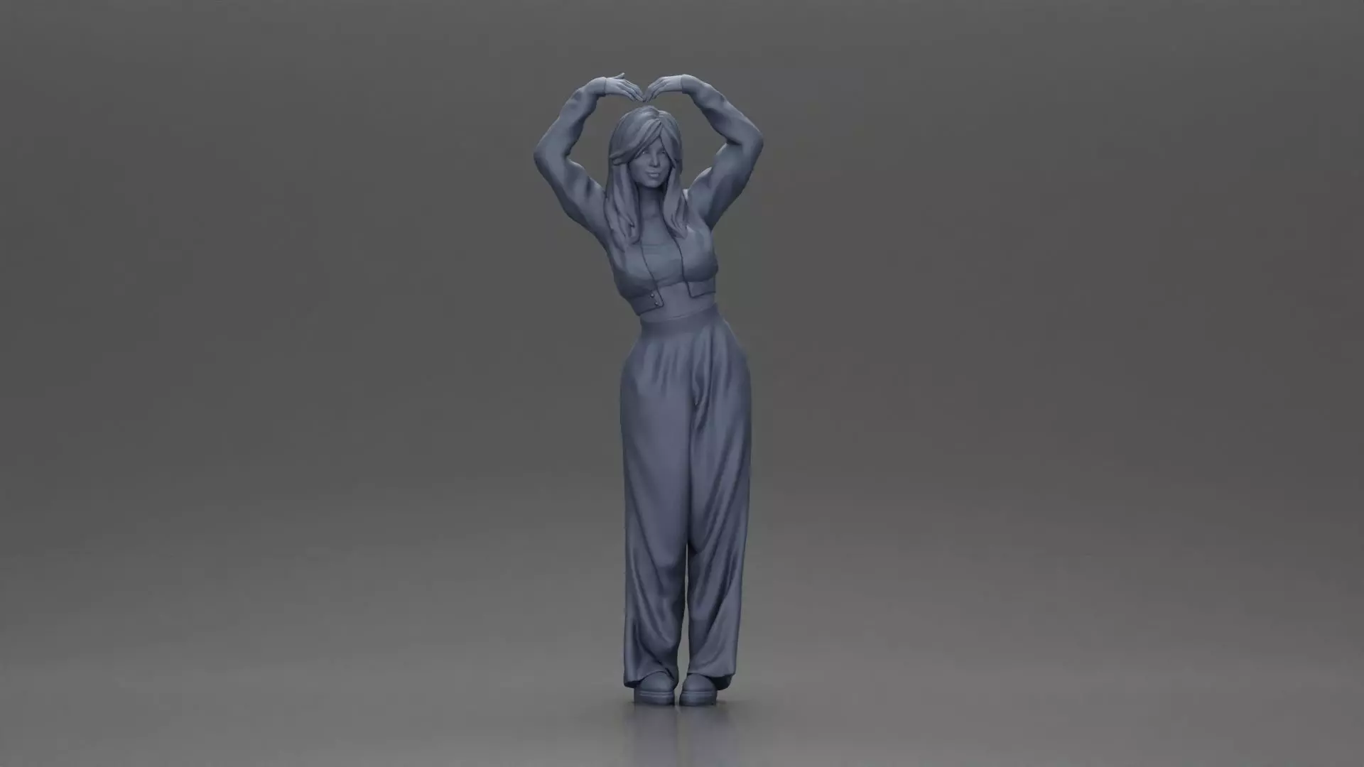 Confident woman striking a heart shaped pose with joyful energy 3D print model_6