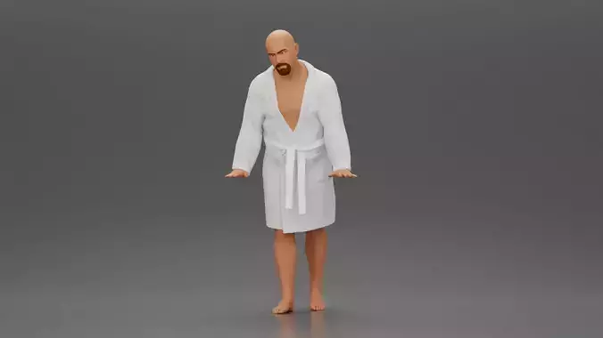 Man in White Robe Posing with Bare Feet and Open Hands