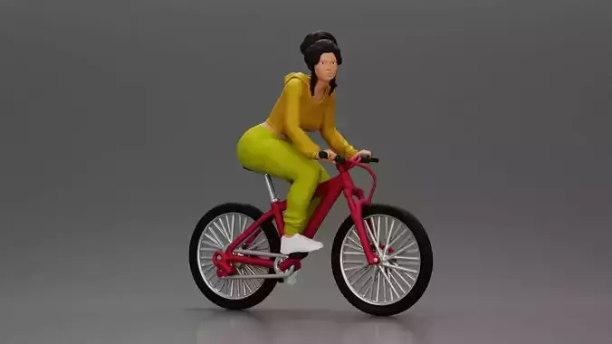 Sporty girl riding a red bike in bright yellow tracksuit 3D print model