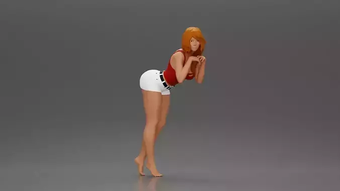 Confident Girl in Red Top and White Shorts Posing Playfully