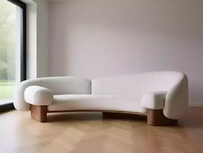 Modern Curved Sofa Beige Upholstered Couch Wooden Base 3D