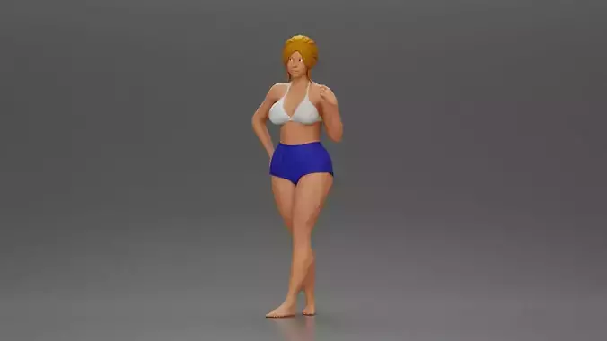 woman posing barefoot wearing bikini top and shorts stylishly