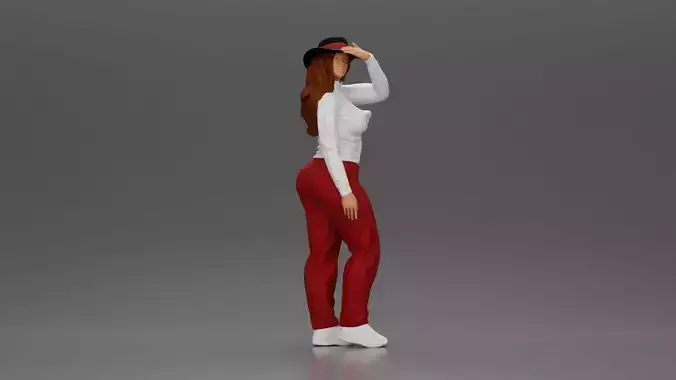 woman in red pants striking stylish pose with hat 3D print model